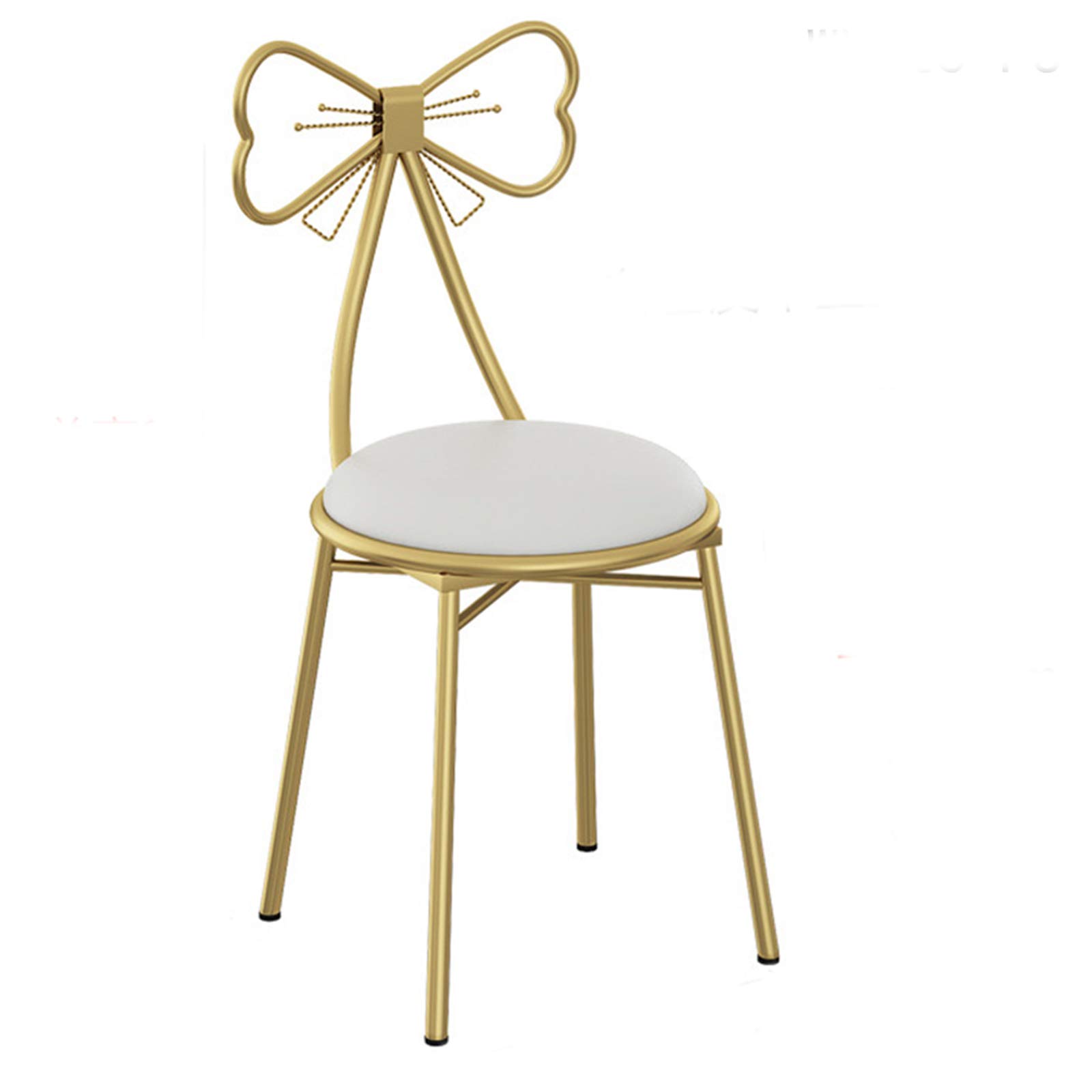 JHSLXD Vanity Makeup Chair with Butterfly Tie Backrest - PU Leather & Flannel Upholstered, Golden Wrought Iron Frame - Elegant Bedroom & Dressing Room Furniture (White) - Perfect for Makeup, Reading & Dining Room Decor