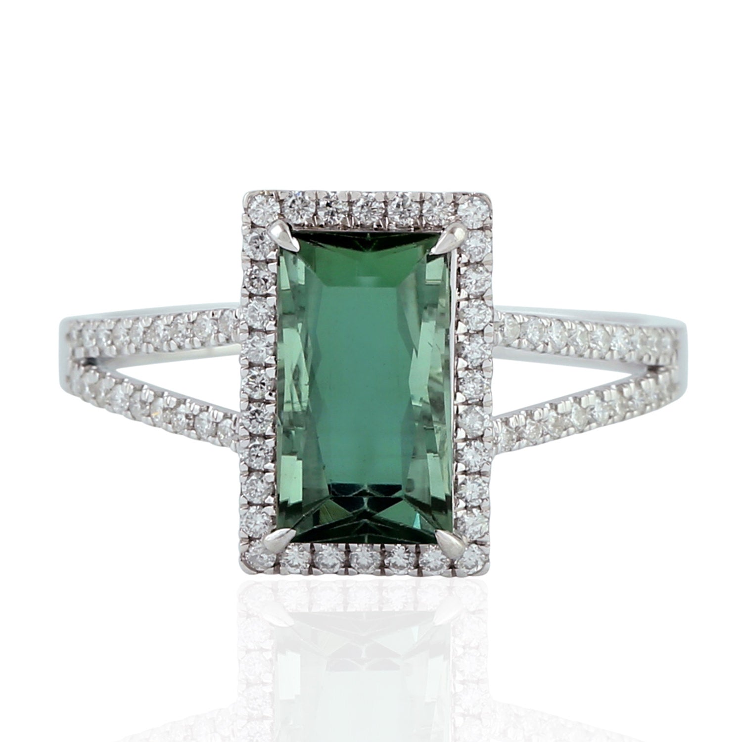 18K White Gold Green Tourmaline Pave Diamond Handmade Long Ring - Elegant Statement Jewelry for Weddings, Parties & Special Occasions