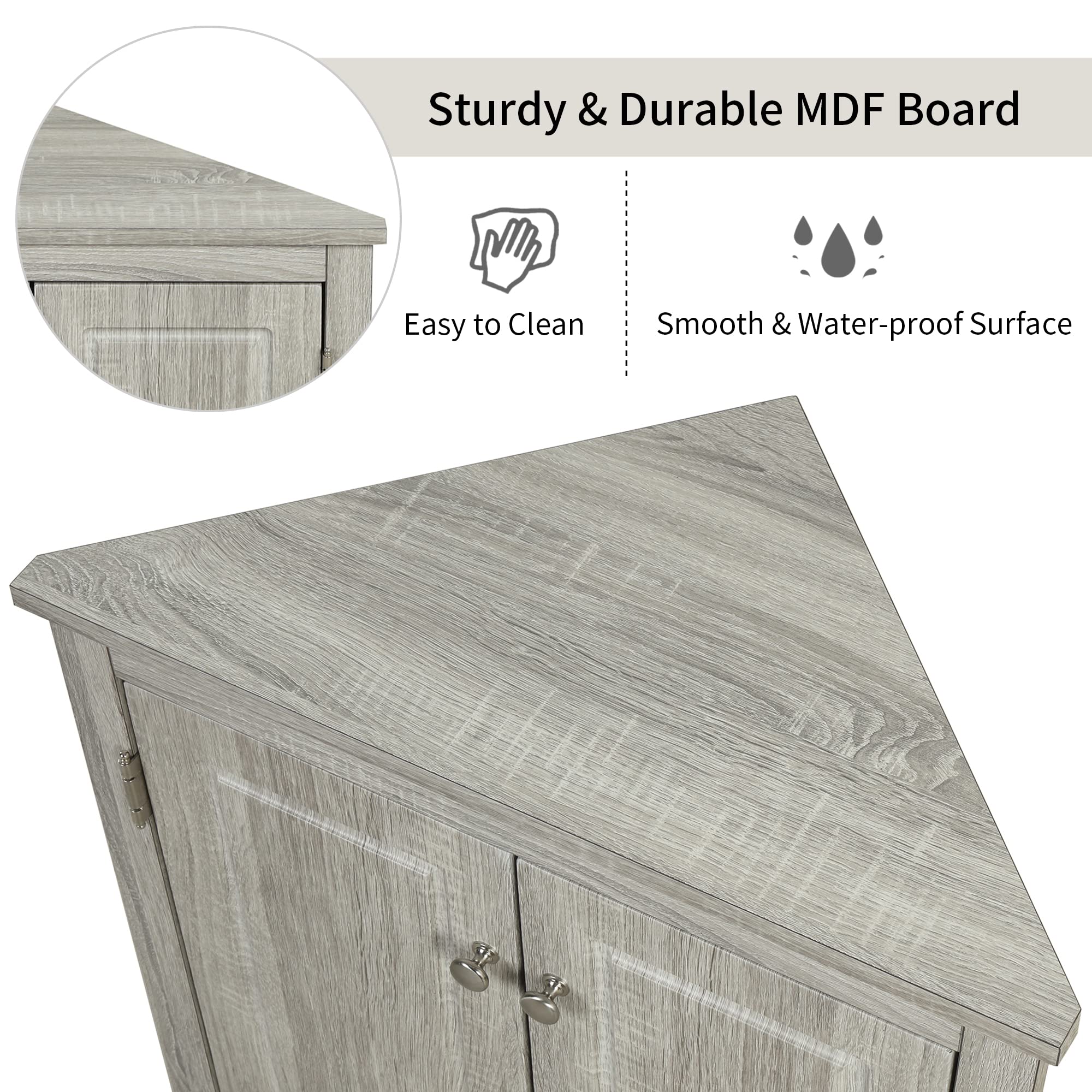 P PURLOVE Adjustable Shelf Bathroom Storage Cabinet - Freestanding Triangle Floor Organizer for Bathroom, Kitchen & Living Room - Oak Finish with Ample Storage Space - Perfect for Small Spaces & Home Organization