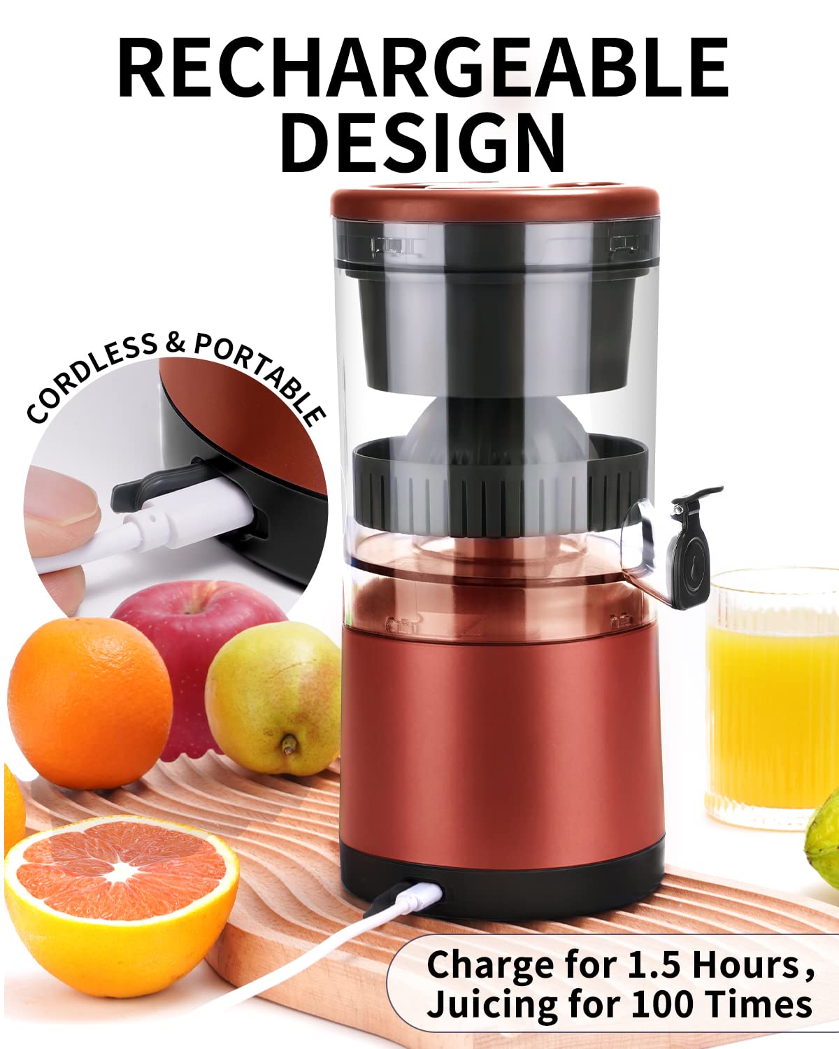 Rechargeable Citrus Juicer - USB Portable Juicer for Orange, Lemon & Grapefruit with Cleaning Brush | Perfect for Travel, Camping & Healthy Home Juicing