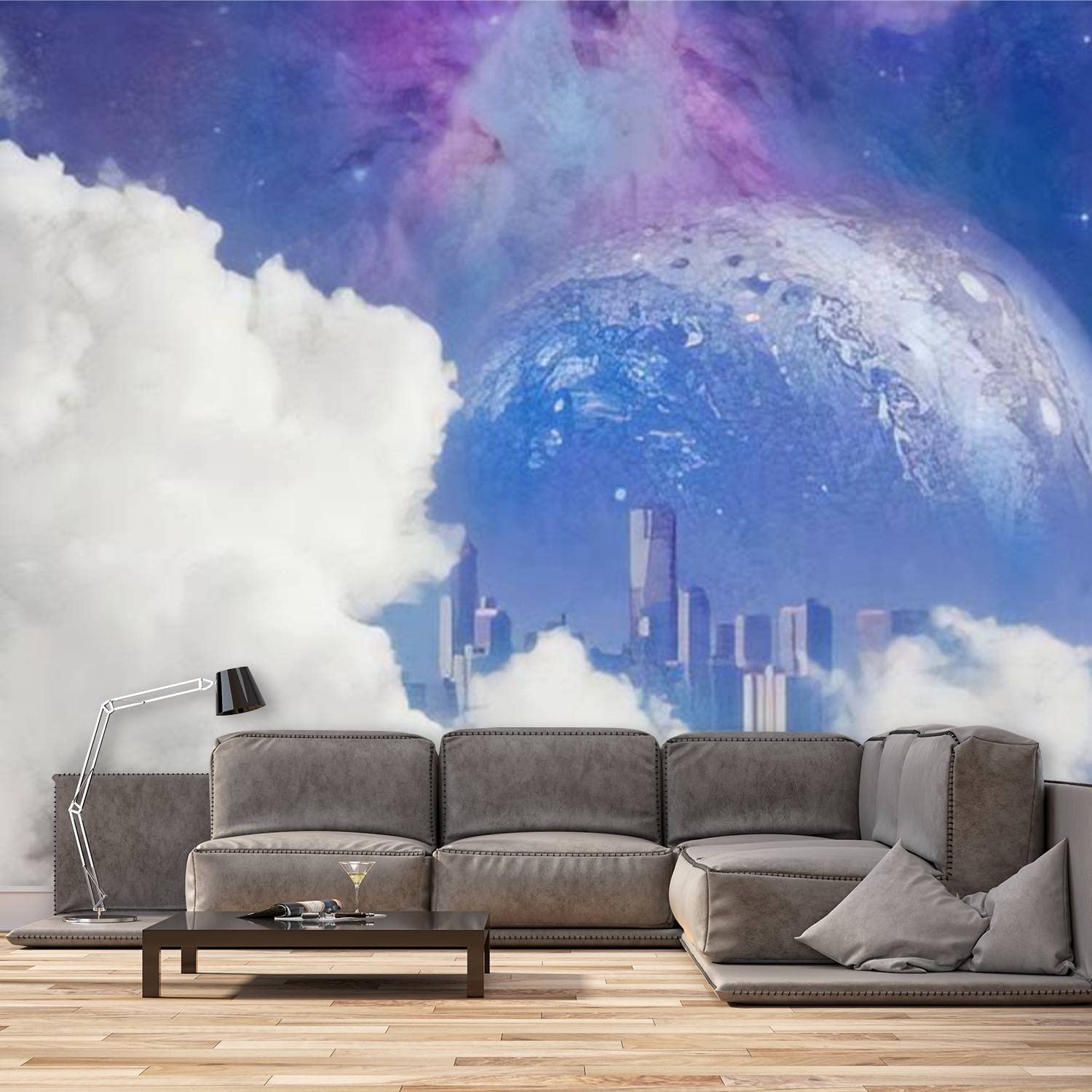 ARJRVIWNS Fantasy Unreal Landscape White Clouds Modern City Peel and Stick Wallpaper - Self-Adhesive Canvas Wall Mural for Bedroom, Living Room Decor (100x144 inches) - Perfect for Home, Office & Nursery Wall Art