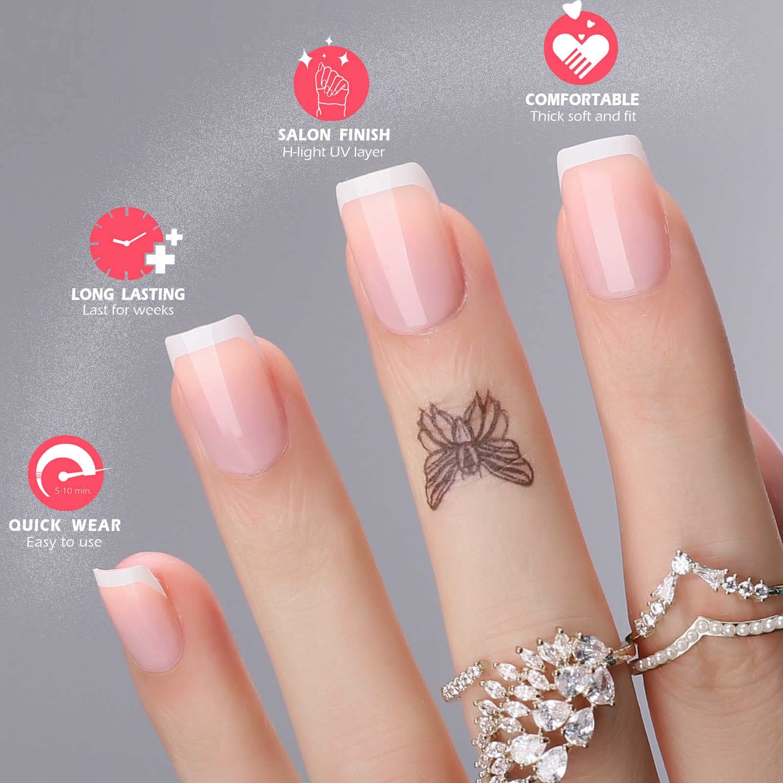 Nude Pink French Press On Nails - Short Square Fake Nails with White, Red & Gold Glitter Design - 36pcs Full Cover Glossy False Nails for Women & Girls - Perfect for Parties, Weddings, and Everyday Wear