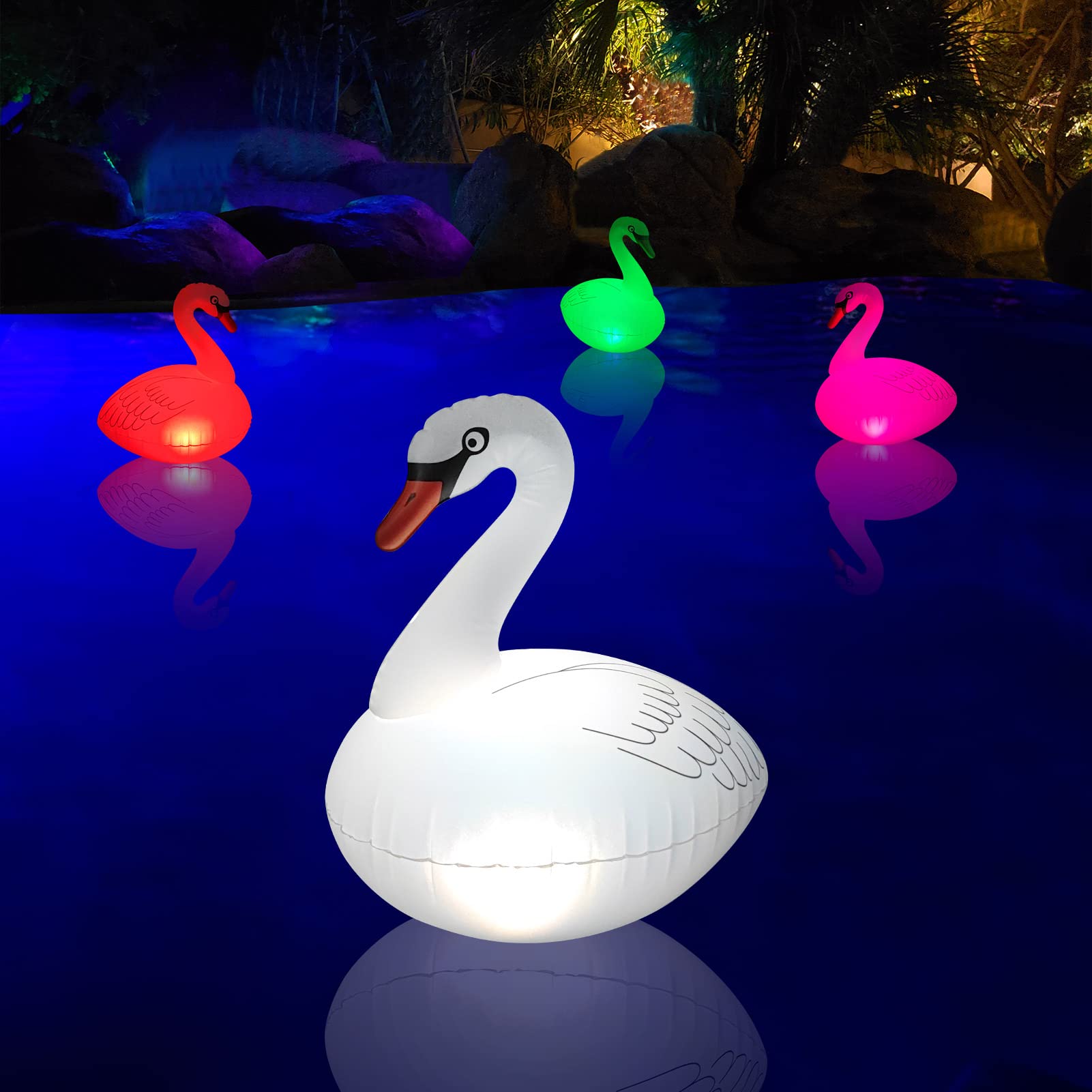 Swan Floating Solar Lights - Waterproof Inflatable LED Pool Lights with Color Changing for Outdoor Decor | Perfect for Pool, Garden, Backyard, Beach Parties & Nighttime Ambiance