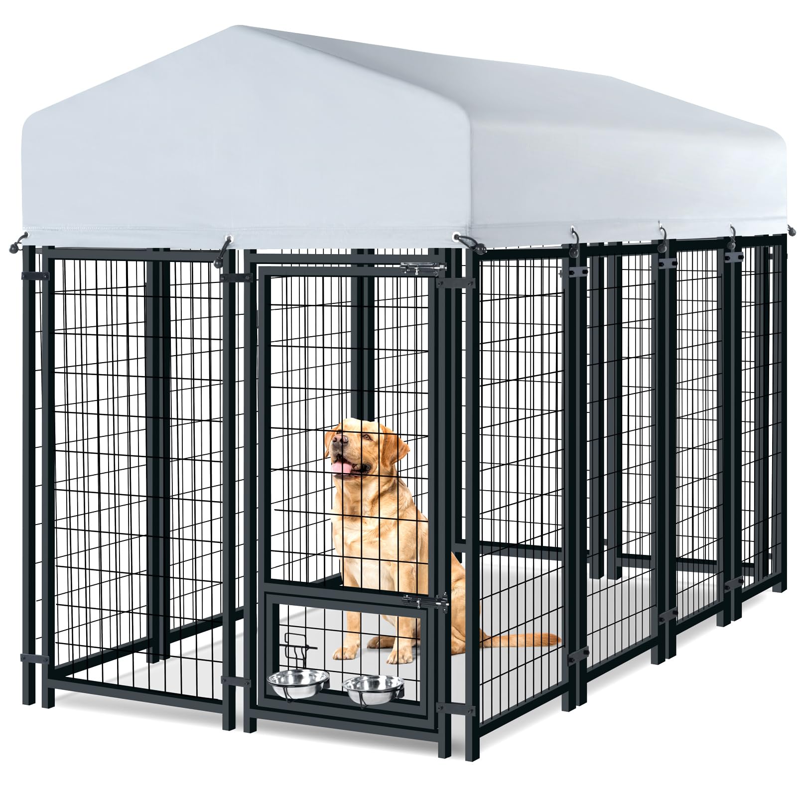 Heavy Duty Outdoor Dog Kennel for Large Dogs with Roof, Secure Lock & 2 Rotating Bowls - Durable Dog Run Enclosure for Backyard, Garden & Pet Safety