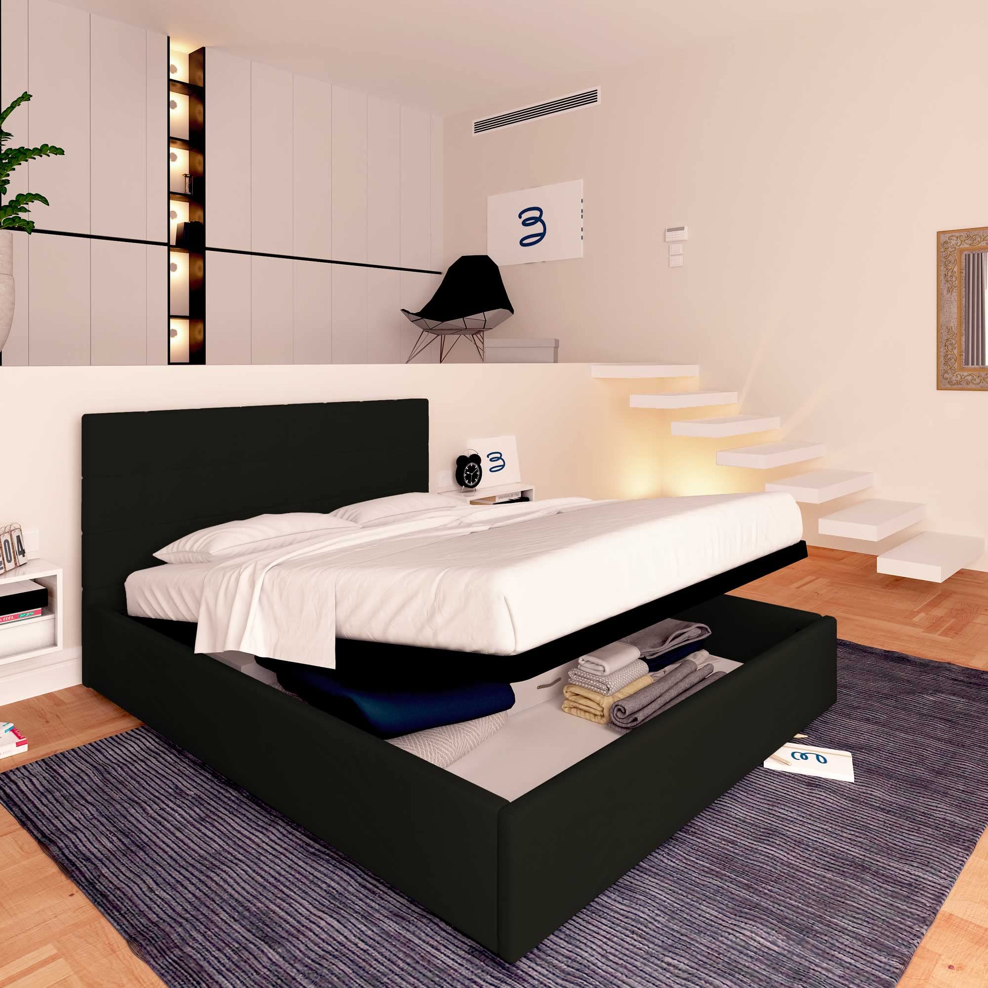 Baldiflex Single Bed with Storage, Dublin Model - Synthetic Leather Upholstery, Slatted Base for Single Mattress, 180 x 200 cm, Elegant Headboard in Black - Perfect for Small Bedrooms, Guest Rooms & Studio Apartments