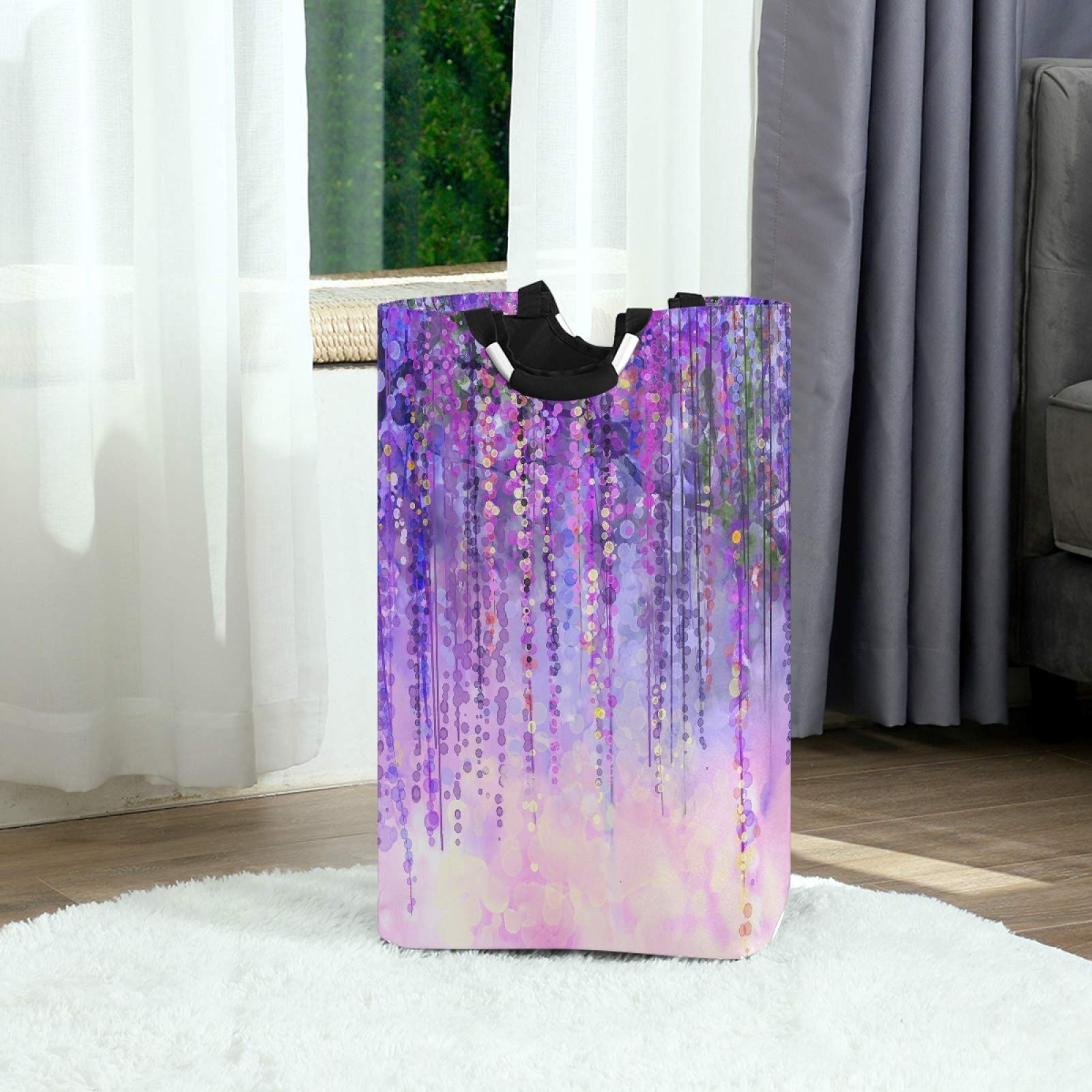 Abstract Violet Wisteria Flowers Laundry Hamper Basket - Foldable Waterproof Clothes Bin with Handles for Bathroom & Bedroom - Multi-Purpose Storage for Dirty Laundry, Toys & Household Items - Perfect for Home Organization & Space Saving