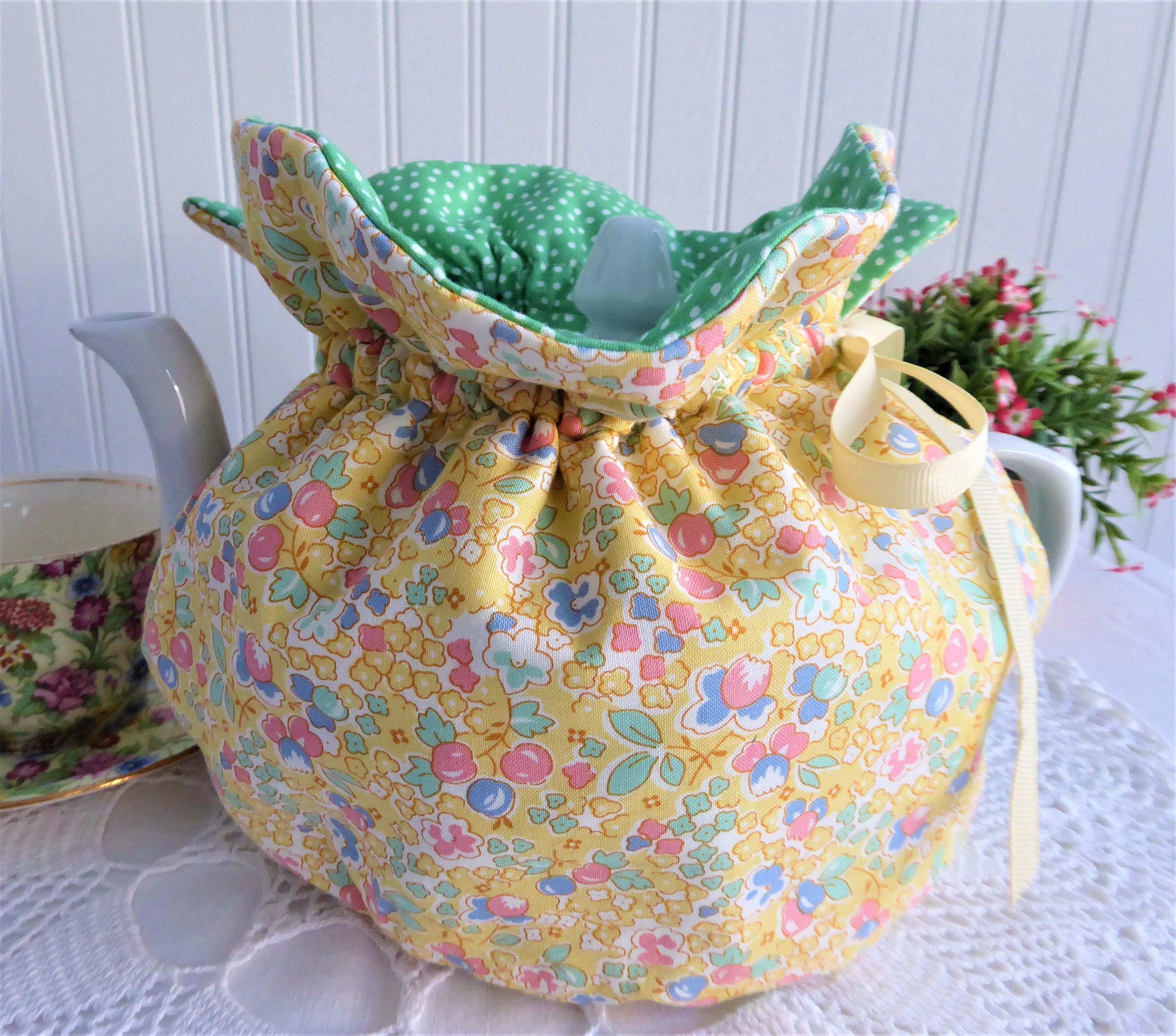 Handmade Large Yellow Floral Green Polka Dot Tea Cozy - Insulated Tea Pot Warmer for American Style Tea Parties & Cozy Home Decor