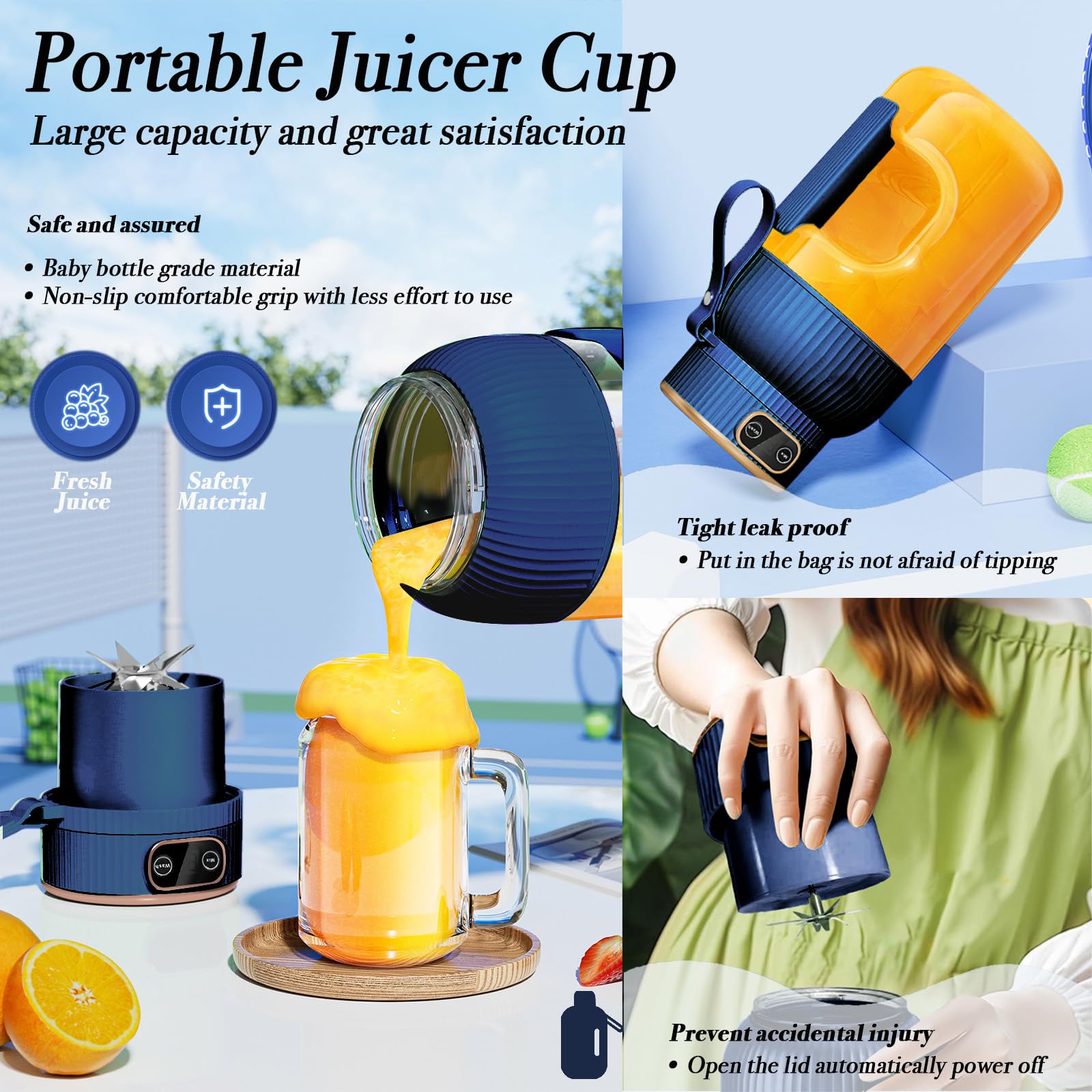 USB Rechargeable Portable Juicer Blender with Digital Display - 40.6oz Multifunctional Personal Juicer Cup, Double Lids (Blue) - Perfect for Smoothies, Protein Shakes & Fresh Juices at Home, Gym or Travel