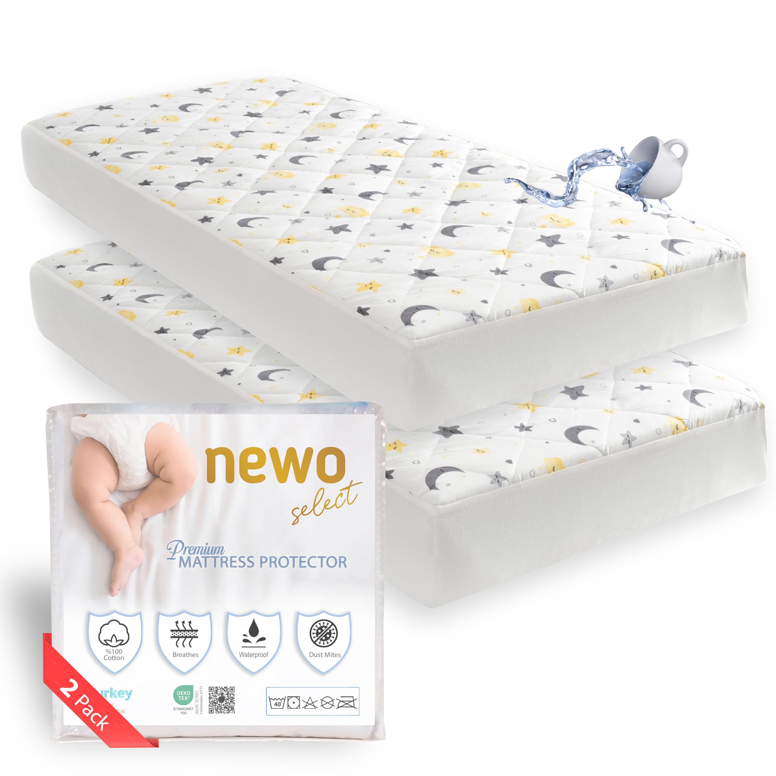 Waterproof Crib Mattress Protector - 100% Cotton Quilted Absorbent Sheet for Baby & Toddler - Certified Noiseless Machine Washable - Moon & Star Pattern 52