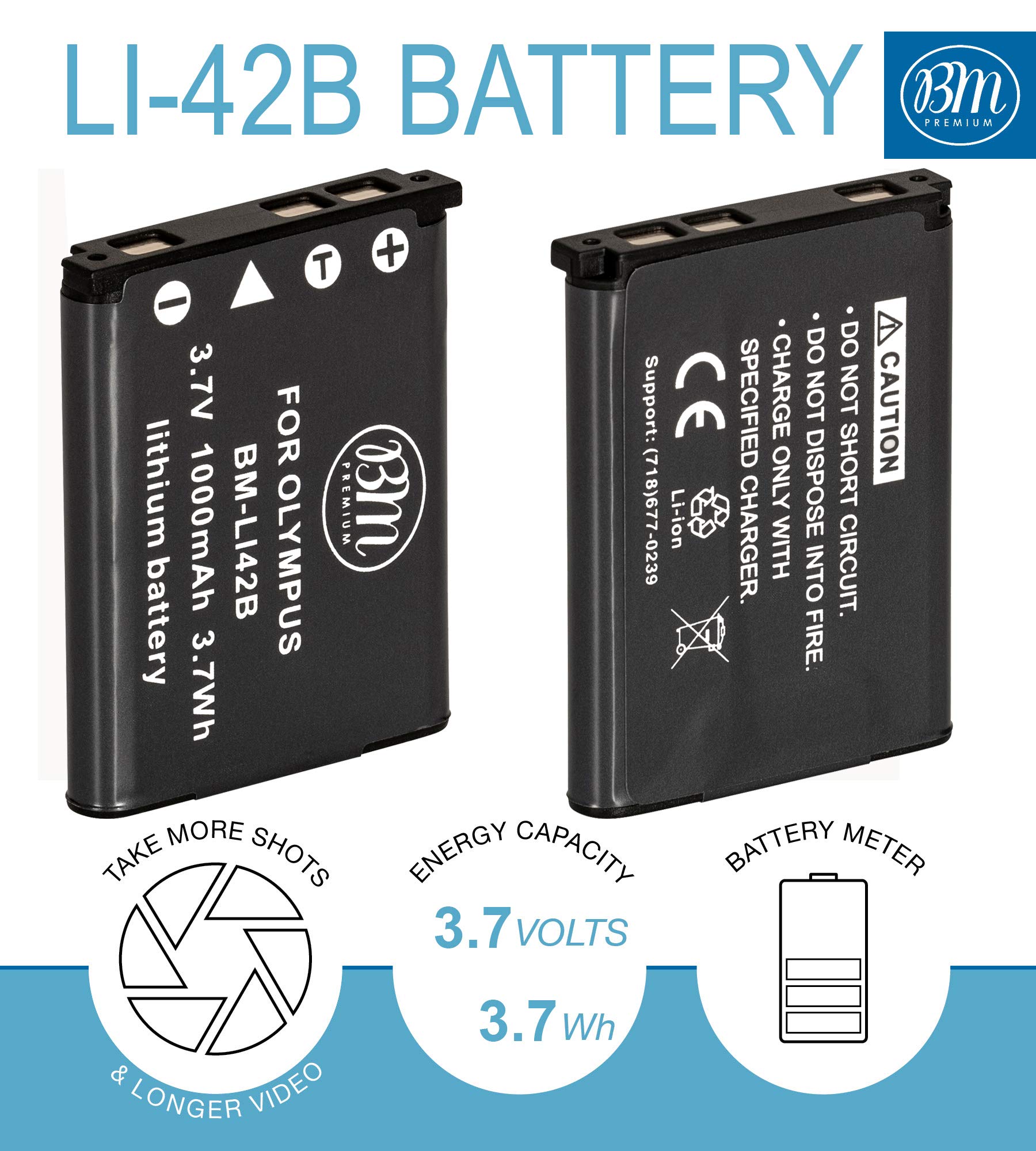 BM Premium 2-Pack LI-42B Replacement Batteries for Olympus Stylus 1040/1050W/1060/1070/1200/7000/7010/7020/7030/7040 & Tough 3000/TG-310/TG-320/VR310/VR320/VR330 Digital Cameras - Long-Lasting Power for Travel Photography & Outdoor Adventures