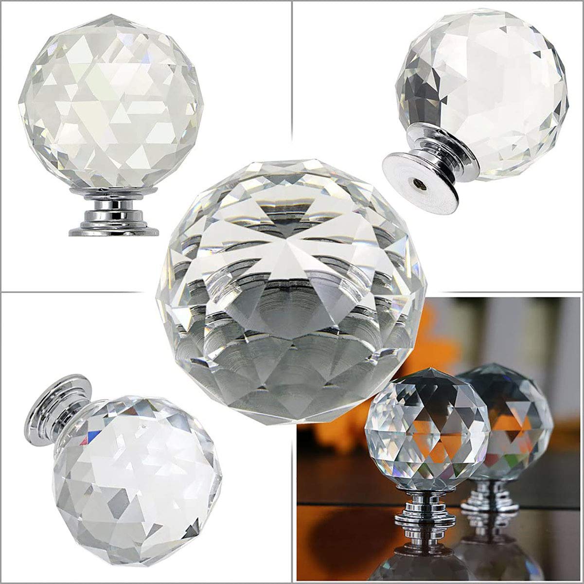 Crystal Cabinet Knobs - 5Pcs Diamond Shaped Glass Drawer Pulls with Screws (20mm) | Elegant Dresser & Cupboard Handles for Bedroom Furniture & Home Decor
