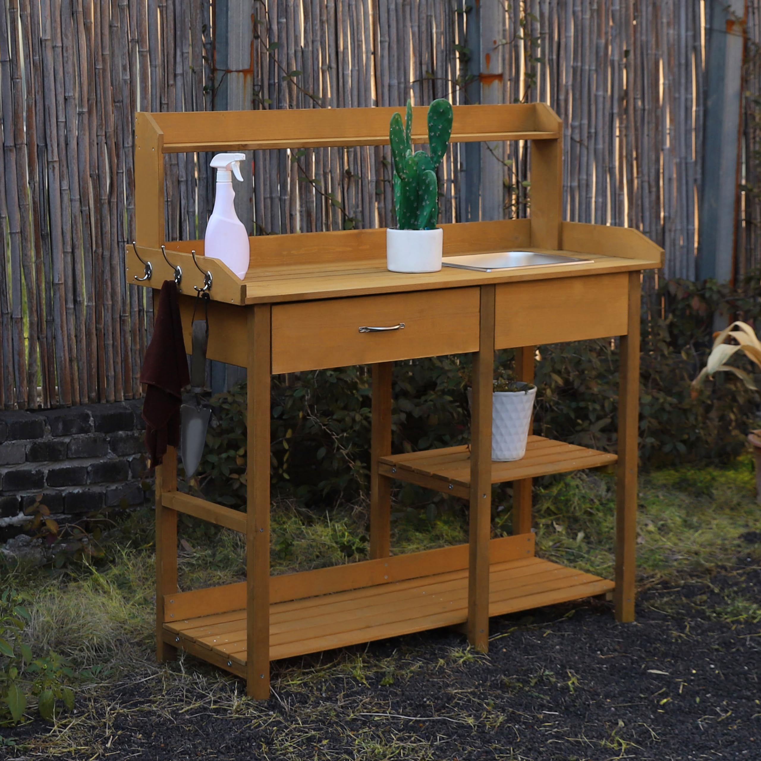 VEIKOU Outdoor Potting Bench with Stainless Steel Sink, Drawer & Storage Shelves - Heavy Duty Garden Work Table for Planting, Gardening - Perfect for Yard, Patio, Greenhouse & Backyard Use