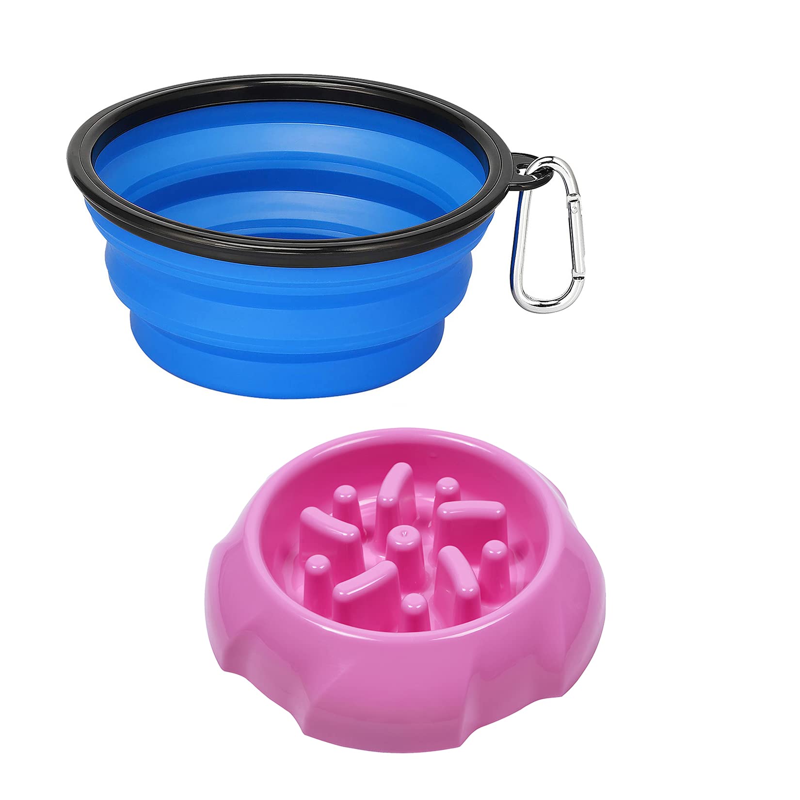 2 Pack Large Collapsible Dog Bowls - Slow Feeder & Travel Water Food Bowl with Carabiner | Portable Pet Feeding Tray for Dogs | Perfect for Hiking, Camping, Road Trips & Outdoor Adventures (Blue & Pink)