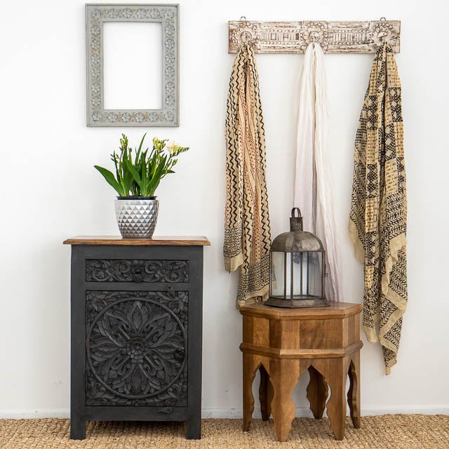 Handmade Charcoal Nightstand - Solid Wood Bedside Table with Hand Carved Design | Perfect for Bedroom, Living Room & Guest Room Decor