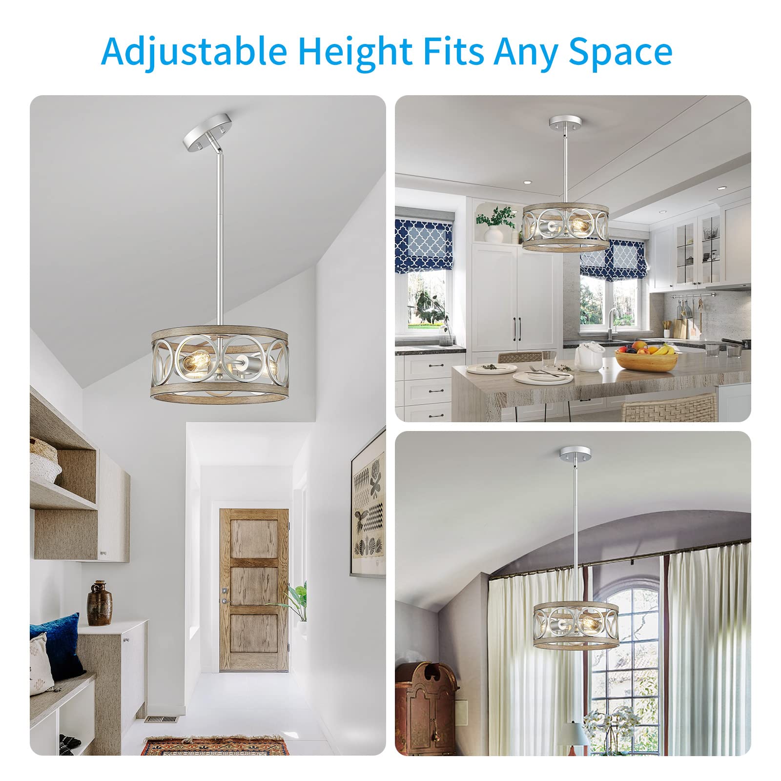 Modern Adjustable Height Pendant Light - Brushed Nickel & Wood Grain Metal 13
