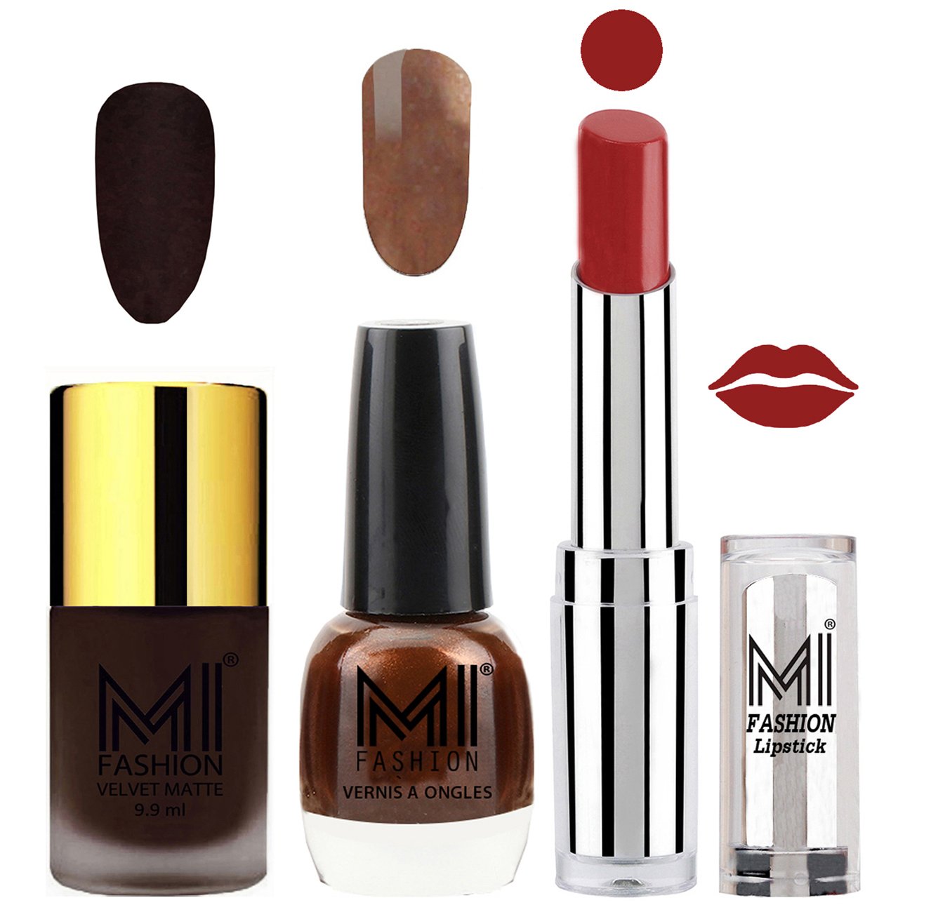 MI Fashion Long-Lasting Nail Polish & Lipstick Set - Matte Dark Brown Nail Polish, Shimmery Coffee Brown Nail Polish & Brown Sugar Lipstick (3-Piece Combo) | Perfect for Date Nights, Parties & Everyday Wear