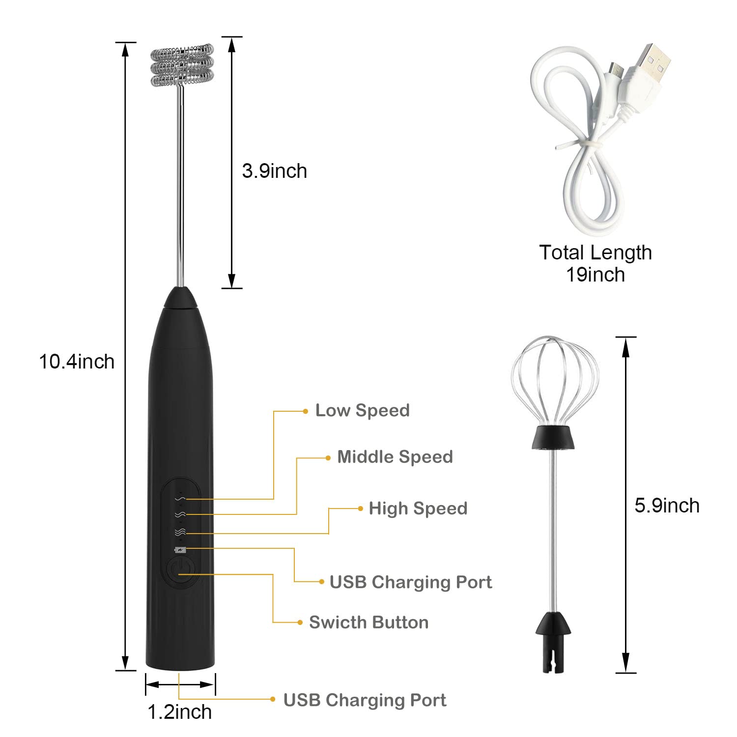Rechargeable Handheld Milk Frother with 3 Speed Settings & 2 Stainless Steel Whisks - 1.2 x 10.4 Inch - Perfect for Lattes, Cappuccinos, Hot Chocolate & Home Coffee Brewing
