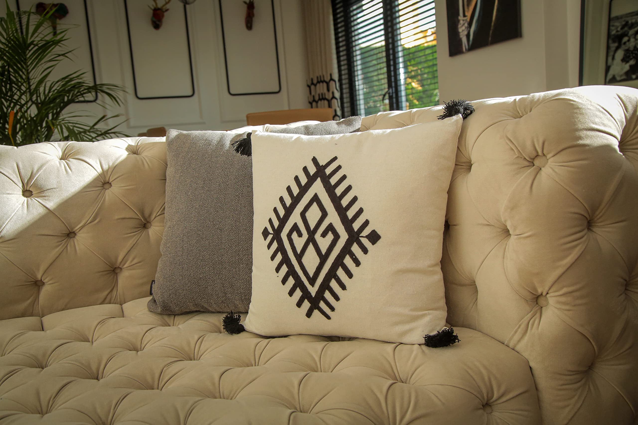 100% Cotton Boho Throw Pillow Covers 16x16 - Living Room & Bedroom Decor for Sofa & Couch