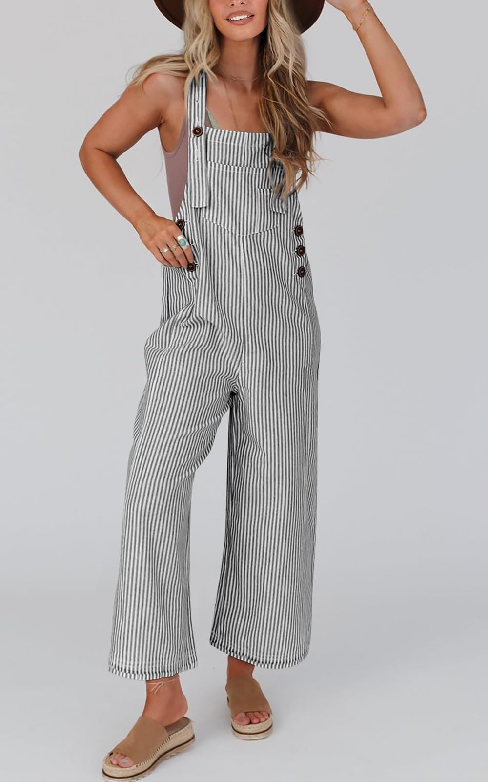 PRETTYGARDEN Women's Sleeveless Wide Leg Striped Jumpsuit - 2025 Summer Casual Button Front Romper | Trendy Outfit for Beach, Vacation & Everyday Wear