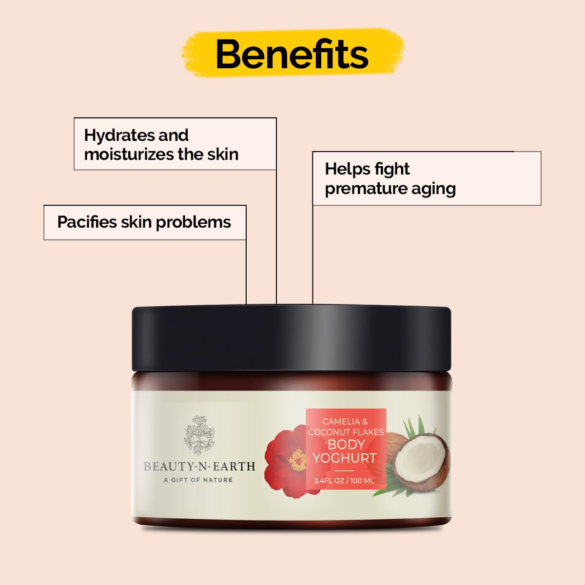 Organic Camellia Coconut Flakes Body Yogurt 100ml - Enriched with Camellia Oleifera Seed Oil, Coconut Oil, Shea Butter & Vitamin E | Hydrating Moisturizer for Dry Skin | Perfect for Spa Day, After Shower & Night Care Routine