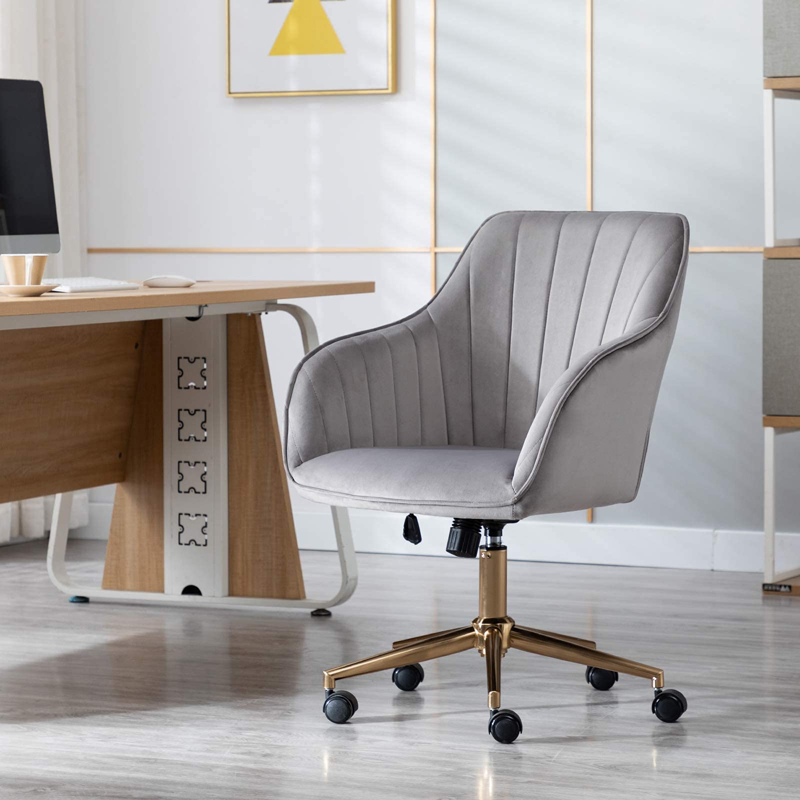 DUHOME Velvet Upholstered Office Chair - Adjustable Height Swivel Rolling Task Chair with Gold Metal Base - Ergonomic Computer Desk Chair for Home Office, Study & Gaming - Grey Modern Workspace Seating