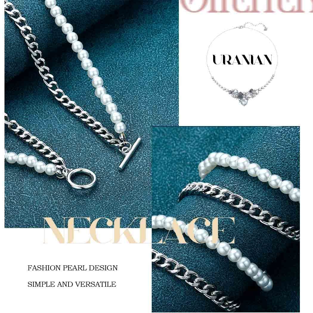 Elegant Uranian Layered Pearl Choker Necklace - Silver Double Chain Fashion Jewelry for Women | Perfect for Parties, Weddings & Evening Events