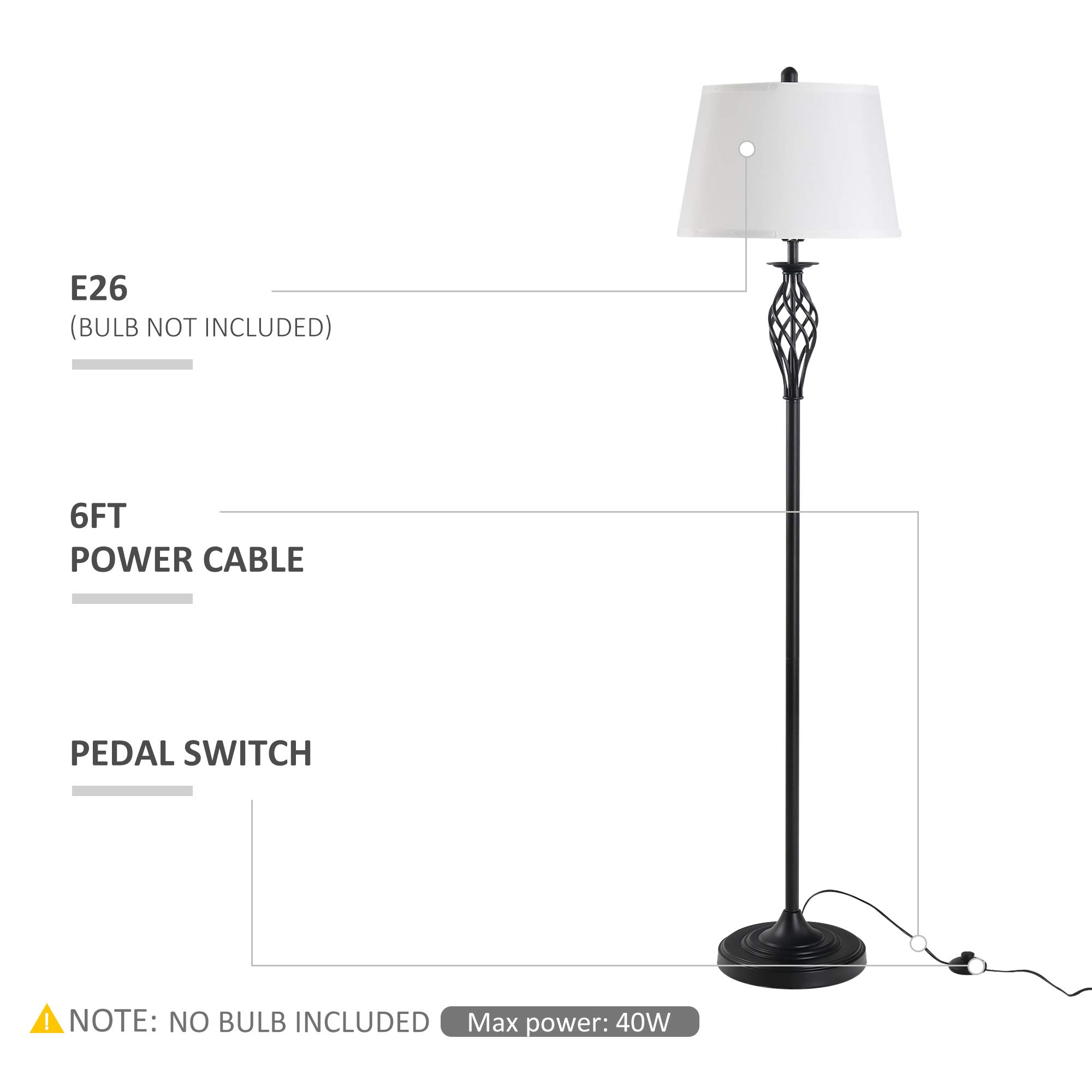 HOMCOM 3-Piece Modern Table & Floor Lamp Set - Metal Pole, Round Base, Fabric Lampshade - Black/White Lighting for Living Room, Bedroom & Office Decor