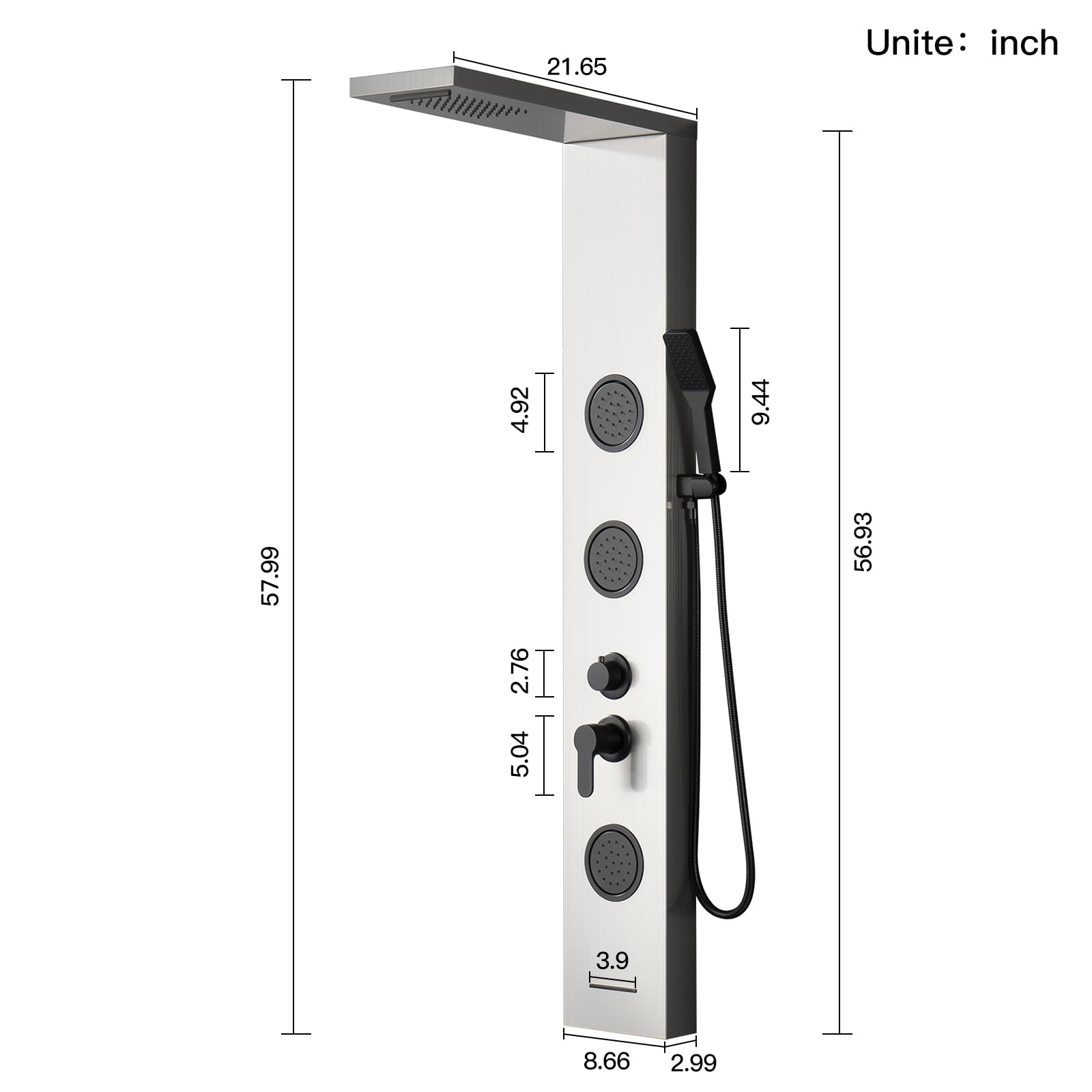 BWE 5-in-1 Shower Panel System with Rainfall Shower Head, Waterfall & Body Jets - Brushed Nickel & Black Tower for Luxurious Spa Experience - Perfect for Master Bathroom Renovation & Modern Home Upgrade