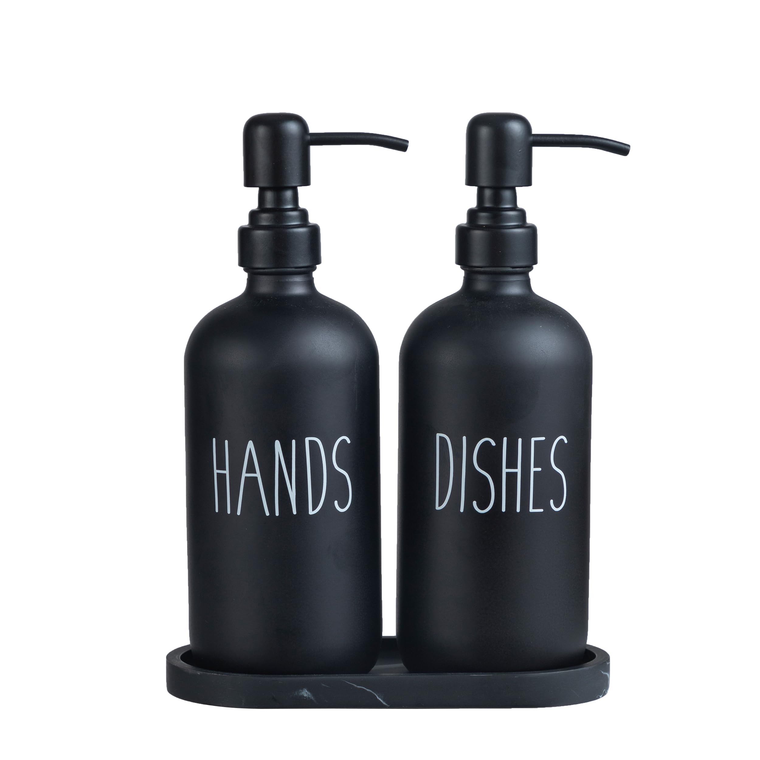 Premium Glass Soap Dispenser Set with Black Resin Marbling Tray & Stainless Steel Pump - 16oz Hand & Dish Soap Dispenser for Kitchen, Bathroom - Farmhouse Decor Accessories (Black) | Perfect for Modern Kitchens, Rustic Bathrooms & Stylish Home Decor