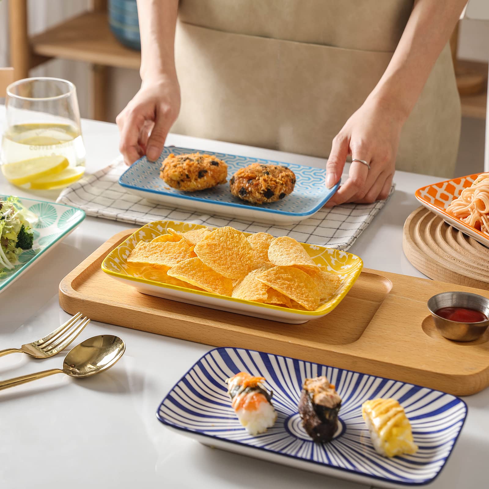Selamica 8-Inch Rectangular Ceramic Plates - Set of 6 Colorful Dinner Plates for Salad, Pasta, Sushi, Appetizers & Desserts | Microwave, Oven & Dishwasher Safe | Perfect for Home Dining, Parties & Restaurant Use