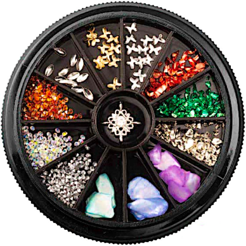 12-Piece Mixed Nail Art Decoration Wheels Kit with Rhinestones, Studs & Charms - DIY Manicure Accessories for Salon & Home Nail Designs
