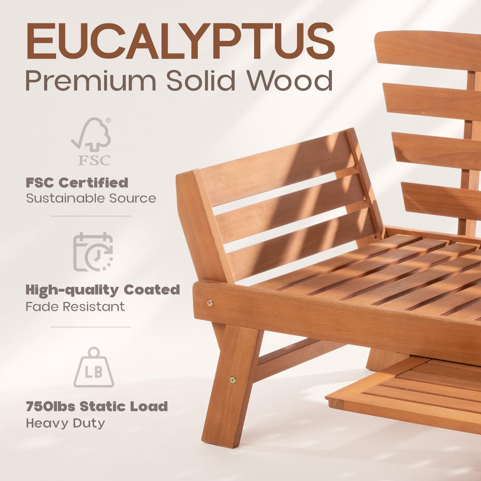 Idzo Amelie Outdoor Daybed Sofa - 750lbs Weight Capacity, Convertible Sleeper Chair with Armrests & Coffee Tray, Includes 3 Comfort Pillows, FSC Certified Wood Frame in Modern Gray - Perfect for Patio, Poolside, Garden or Backyard Relaxation