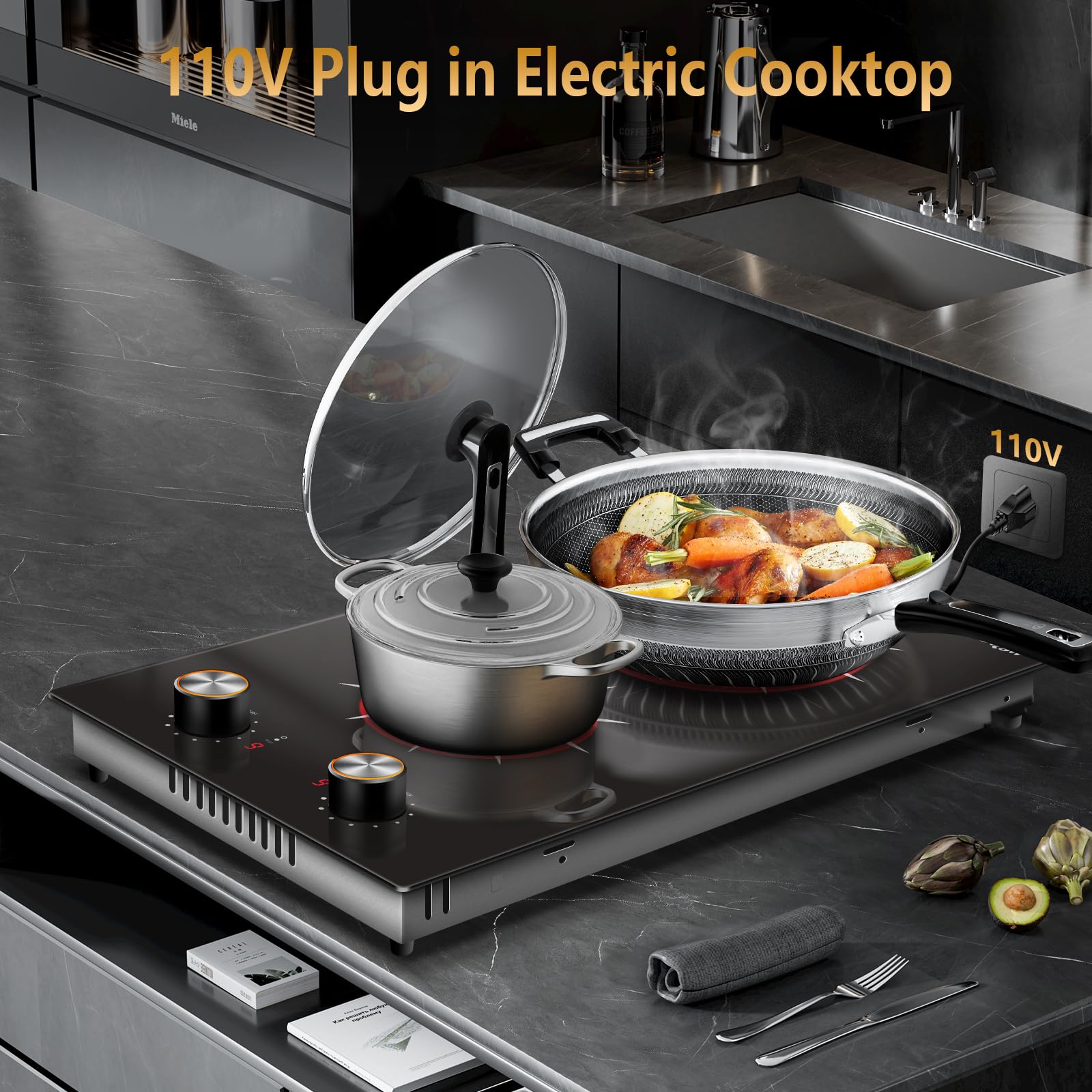 2 Burner Electric Cooktop - 12 Inch Built-in & Countertop Stove Top with Knob Control, 9 Power Levels, Overheat Protection - 2000W, 110-120V Plug-in - Perfect for Small Kitchens, Apartments, RVs & Outdoor Cooking