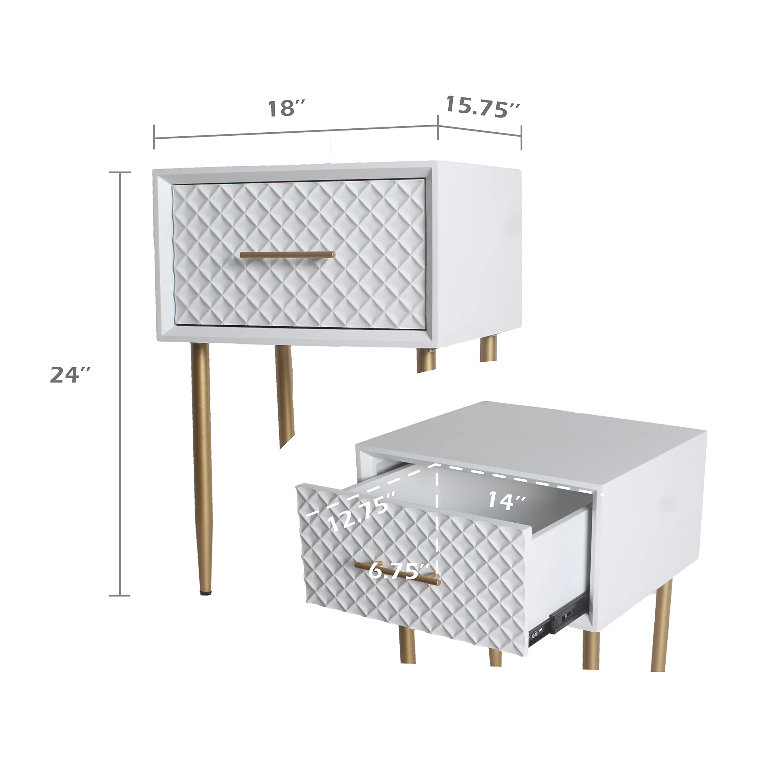 Modern White Nightstand with Waffle Pattern Drawer & Gold Legs - Diamond Pattern Side Table for Bedroom - Contemporary Retro-Inspired Raised Diamond Motif - Perfect for Small Spaces, Guest Rooms & Apartment Living
