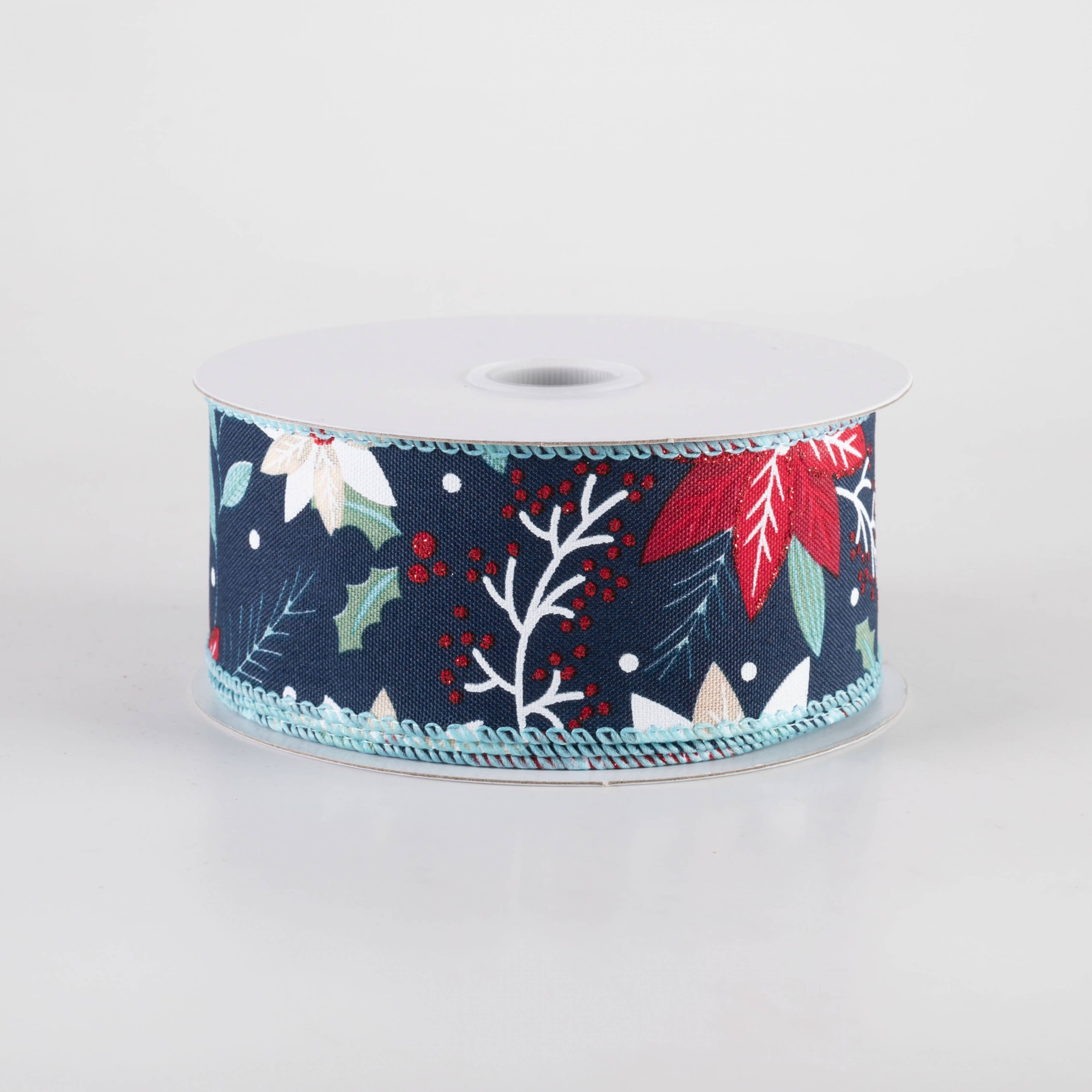1.5 Inch Holiday Poinsettia Ribbon - Navy Blue Christmas Decorative Ribbon (10 Yards) for Gift Wrapping, Tree Decorations and DIY Crafts