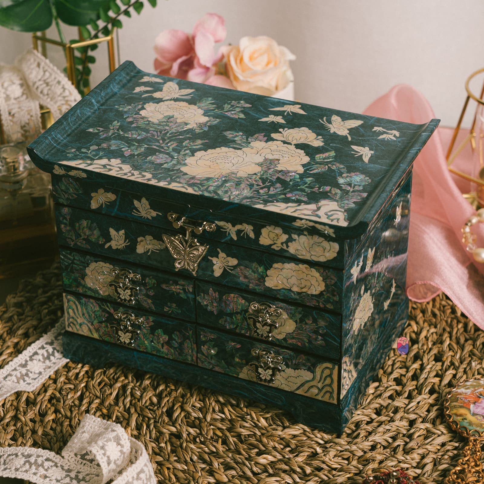 February Mountain Mother of Pearl Wooden Jewelry Organizer Box - Elegant Jewelry Storage for Women with Spacious Drawers, Perfect for Rings, Bracelets, Watches & Necklaces | Great for Bedroom Vanity, Dresser Top or Travel Jewelry Case (Peony Blue)