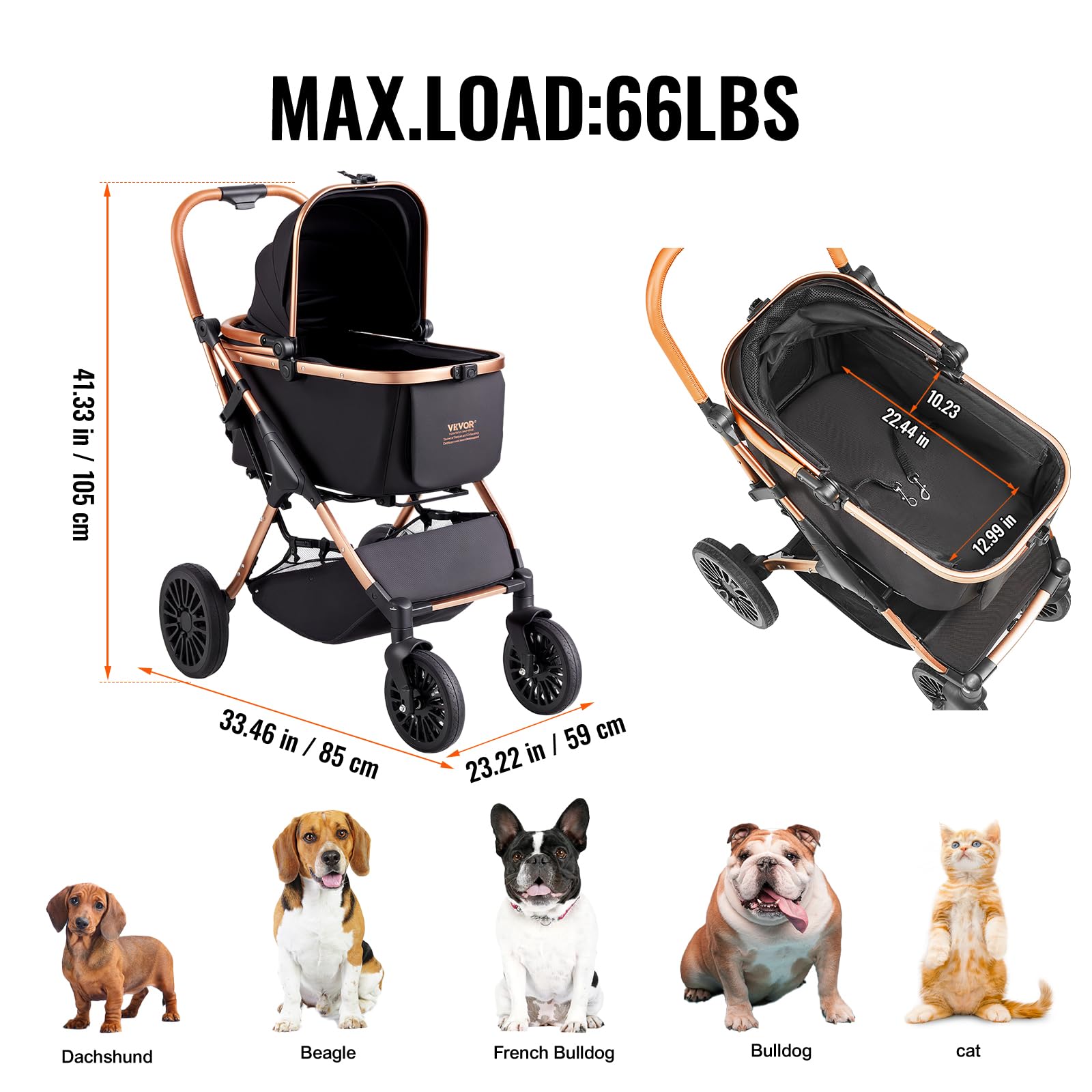VEVOR 3-in-1 Large Pet Stroller for Dogs & Cats Up to 66lbs - Heavy Duty 4-Wheel Dog Stroller for Medium/Large Pets - Convertible Cat Carrier with Detachable Basket & Storage - Perfect for Vet Visits, Shopping & Outdoor Adventures