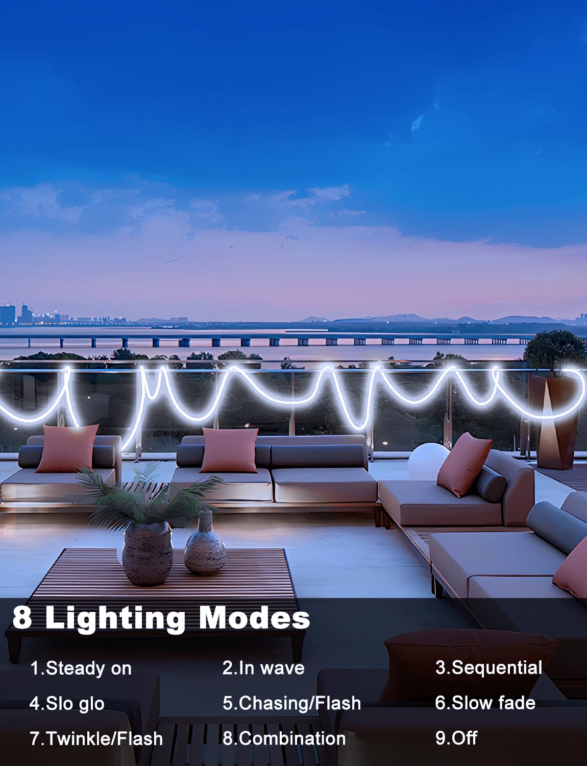Echosari 33ft Waterproof Outdoor Rope Lights with Remote & Timer - Crystal Covered Ripple LED Strip Lights for Bedroom, Party, Garden, Patio Decor (Cool White) | DIY Flexible Lighting for Weddings, Holidays & Landscape