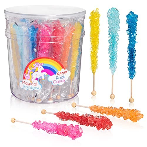 Magical Rainbow Rock Candy Sticks - 36 Individually Wrapped Colorful Sugar Candy - Perfect for Birthday Parties, Baby Showers & Gift Bags
