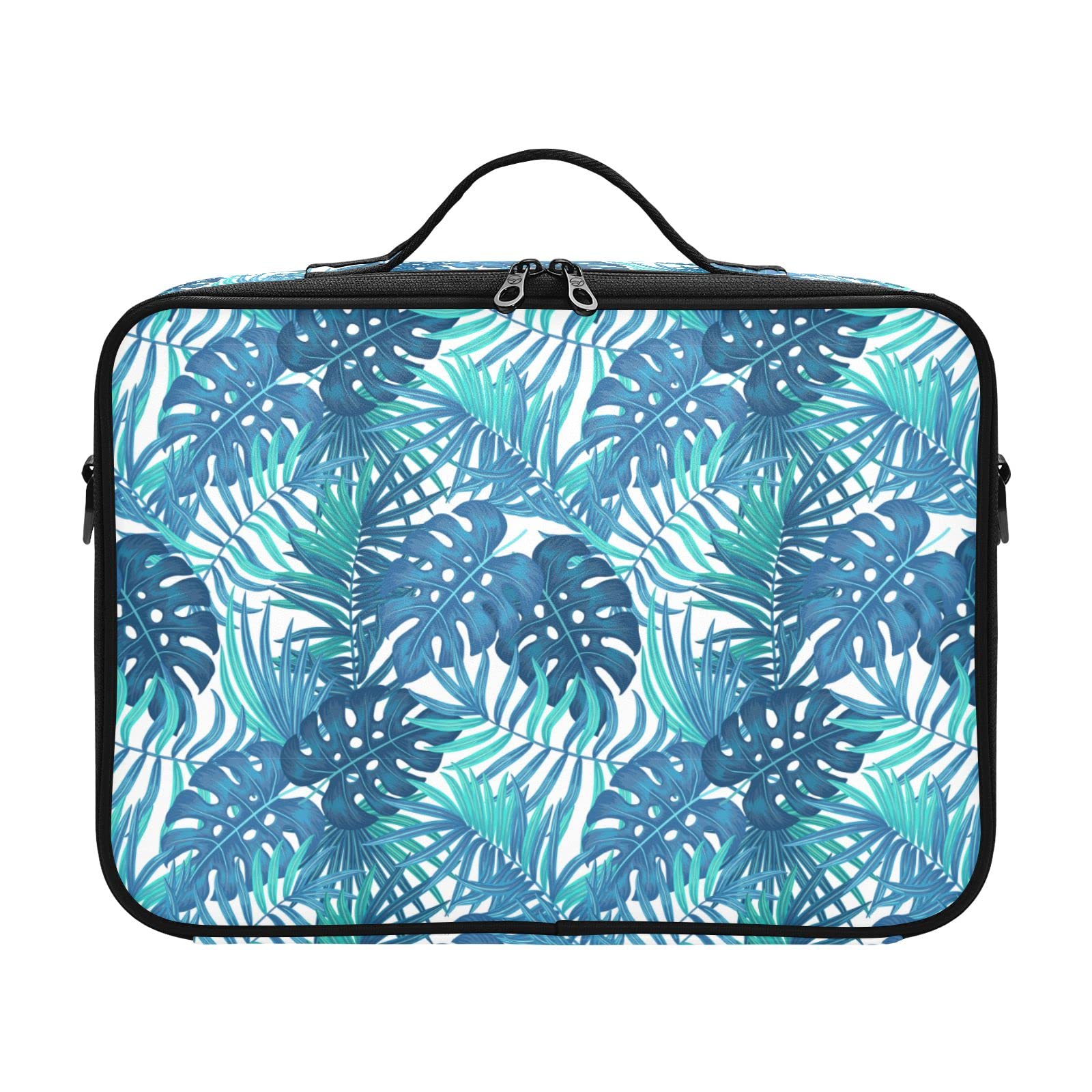 Blue Tropical Leaves Makeup Bag for Women - Travel & Cosmetic Organizer