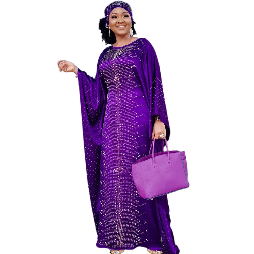 Stylish African Beaded Rhinestone Kaftan Maxi Dress for Women - Purple One Size | HD Quality | Perfect for Parties, Weddings & Special Occasions