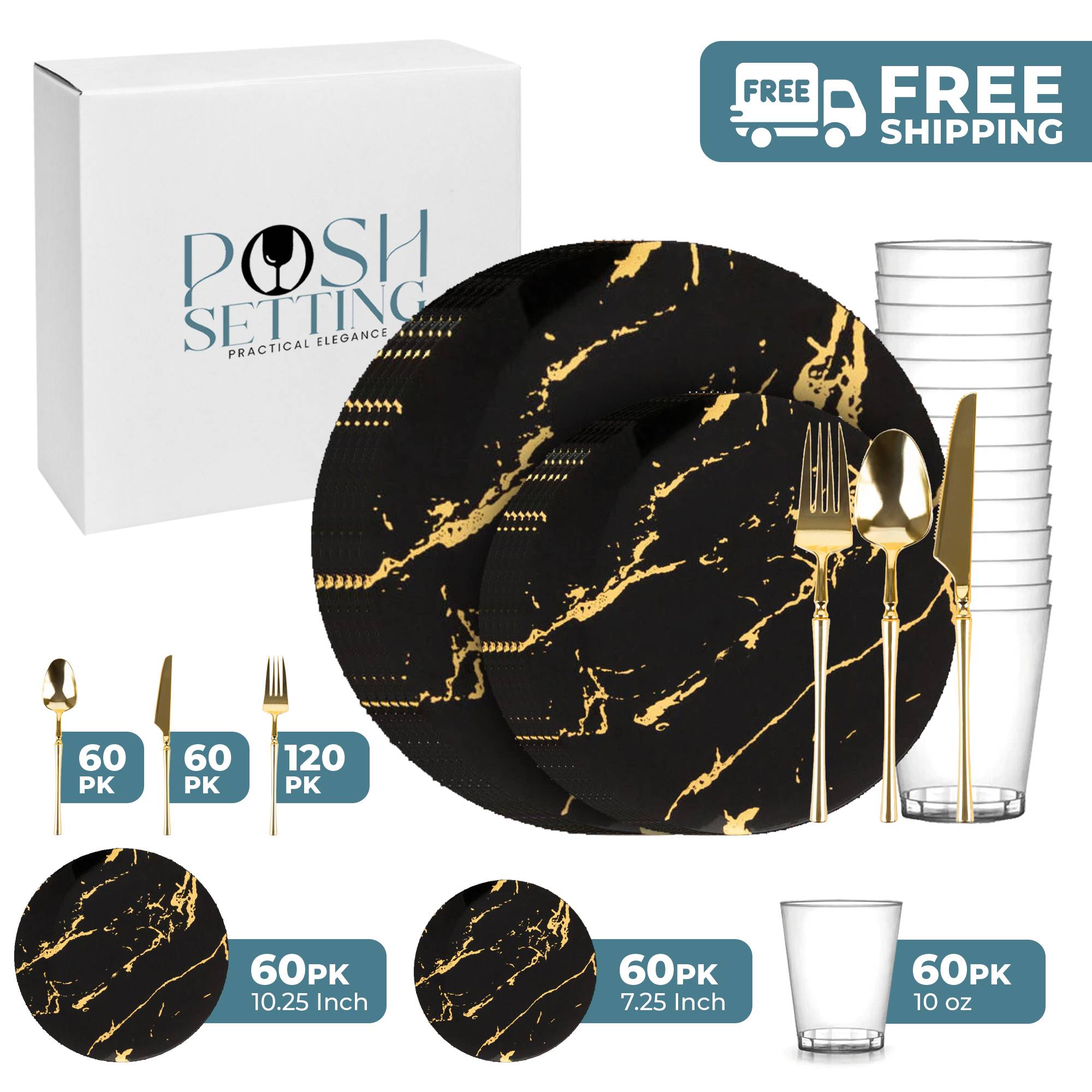 Black and Gold Plastic Party Bundle - Elegant Disposable Tableware Set for Birthday, Wedding & Celebration Decorations - Perfect for Festive Events, Themed Parties & Special Occasions