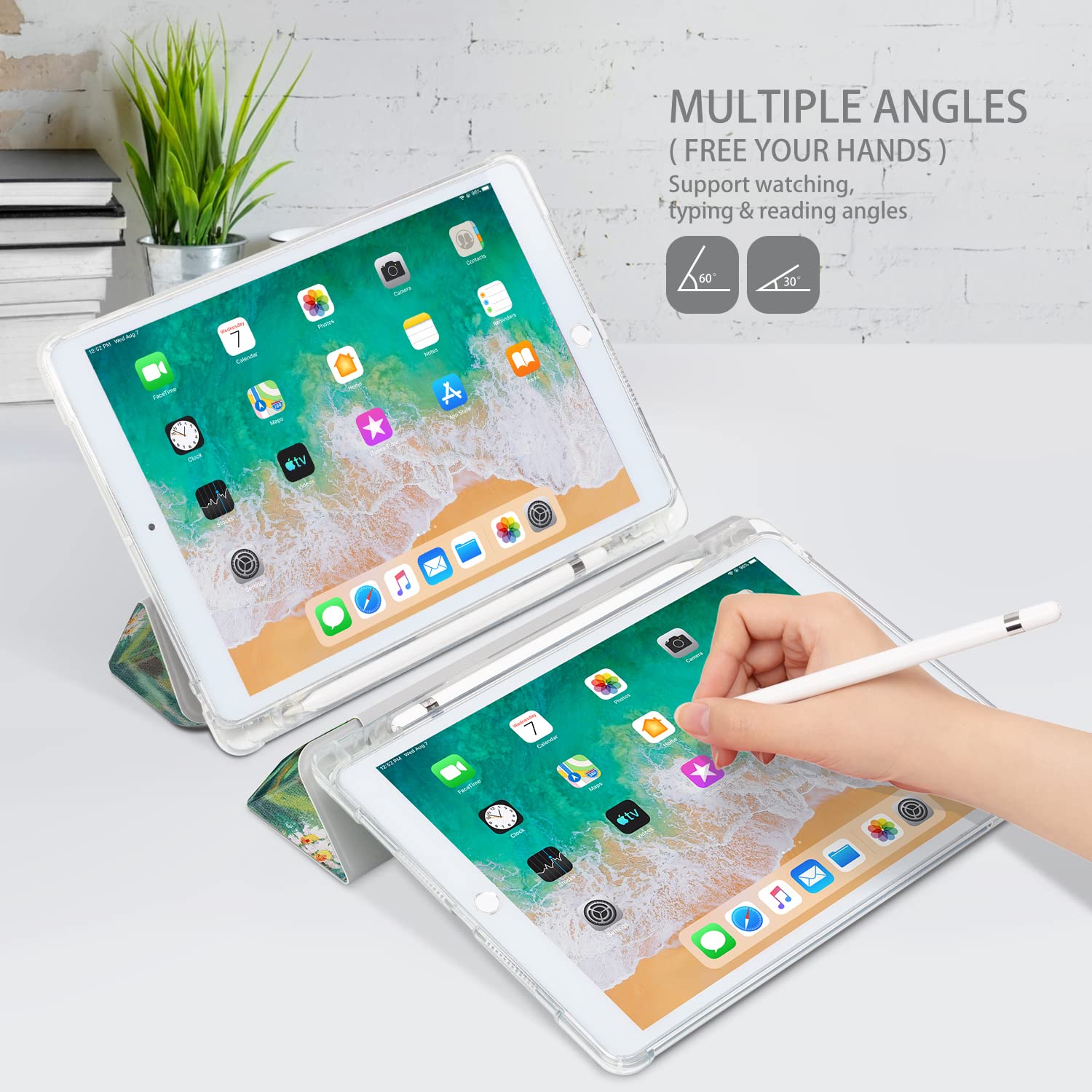 CutebriCase iPad 9th/8th/7th Generation Case 2021/2020/2019 - Lightweight Slim Tri-fold Protective Cover with Pencil Holder for iPad 10.2 Inch, Auto Wake/Sleep & Multi-Angle Stand - Perfect for Work, School, and Travel | Seasons Painting Tree Design