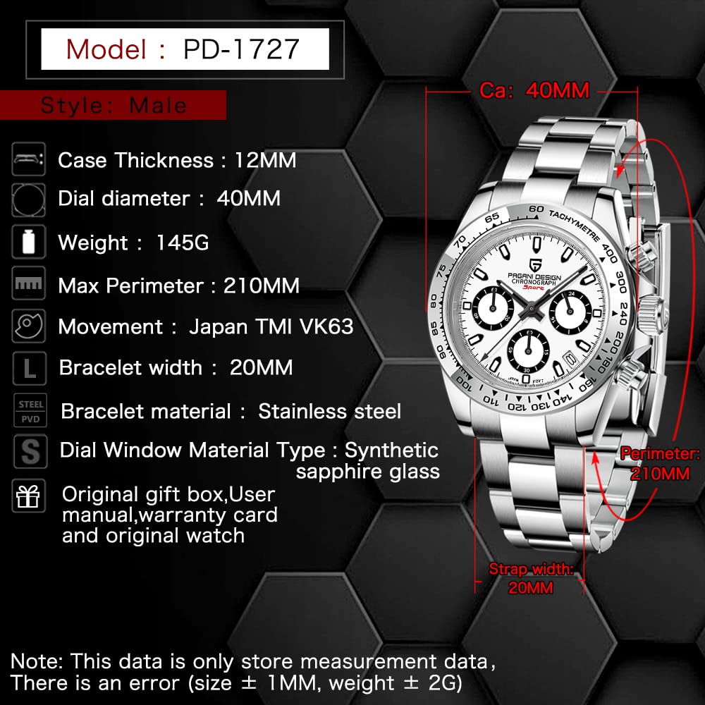 Pagani Design Men's Luxury Chronograph Watch - Stainless Steel, Japanese VK63 Quartz Movement, 100m Waterproof - Perfect for Business, Formal & Casual Wear