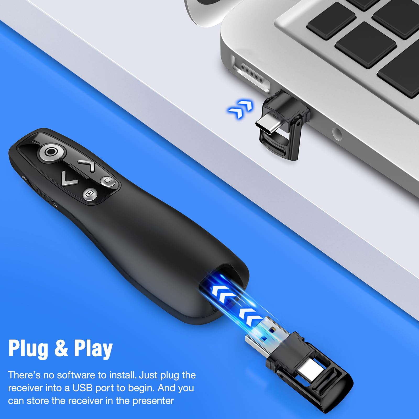 Wireless Presenter Remote with Carry Case - Rechargeable PowerPoint Clicker for Mac, PC, Laptop - Perfect for Business Presentations, Classroom Teaching & Online Meetings