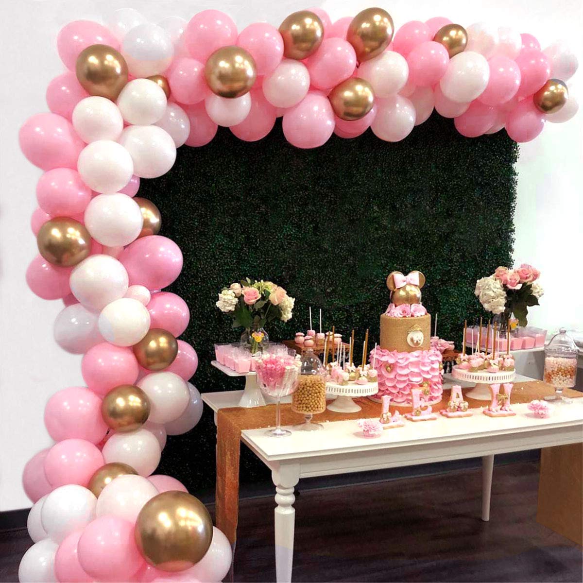 16Ft White & Gold Balloon Garland Arch Kit - Latex Balloons Pack for Baby Shower, Wedding, Birthday, Bachelorette Party Backdrop Decorations (Pink) | Perfect for Indoor & Outdoor Celebrations, Photo Booths, and Event Backgrounds