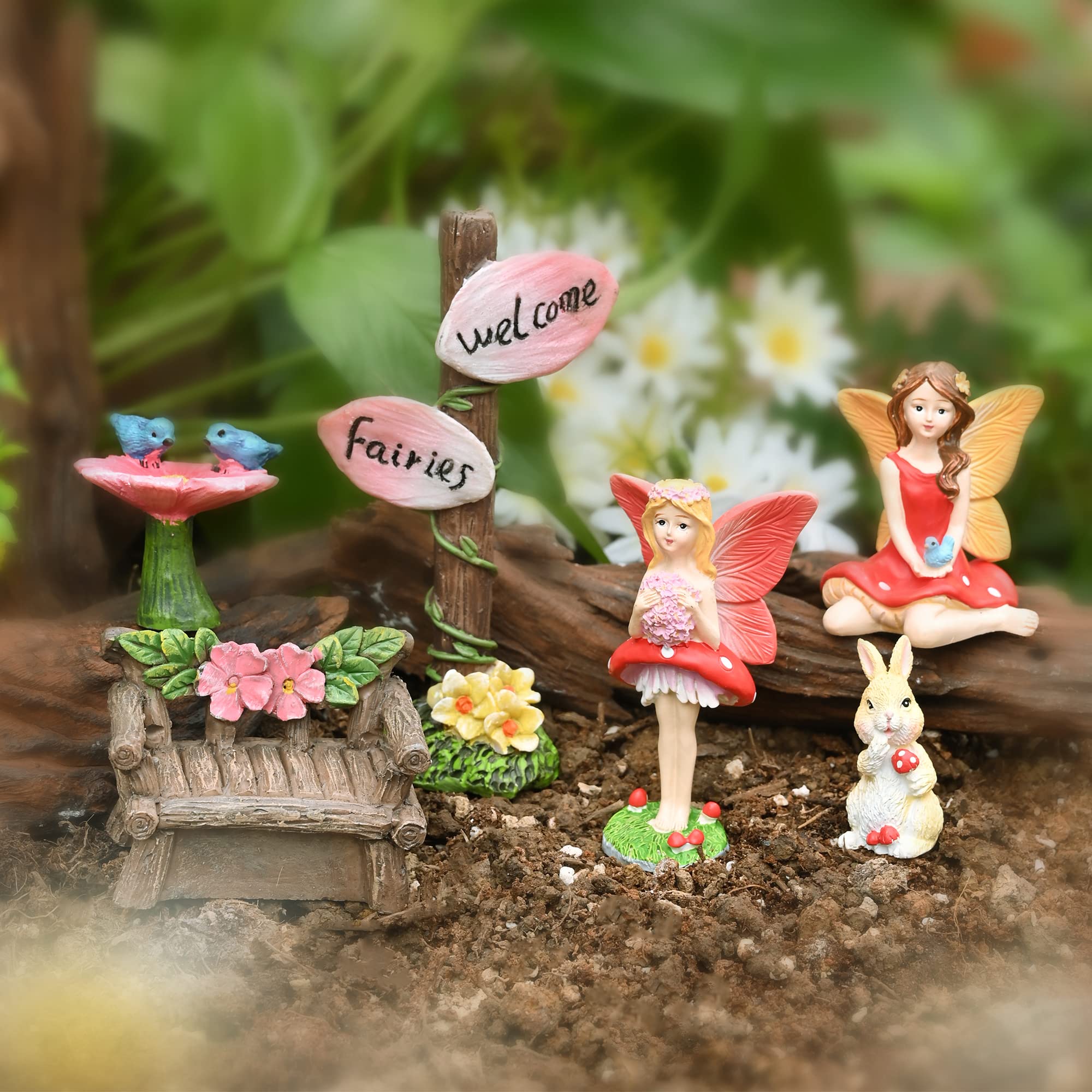Fairy Garden Accessories Set - Colorful Resin Sculpture with Fairy Sign, Rabbit, Flowers & Chair for Home Decor, Table Centerpiece, Outdoor Garden Ornament | Perfect for Fairy Gardens, Indoor Displays & Gift Giving