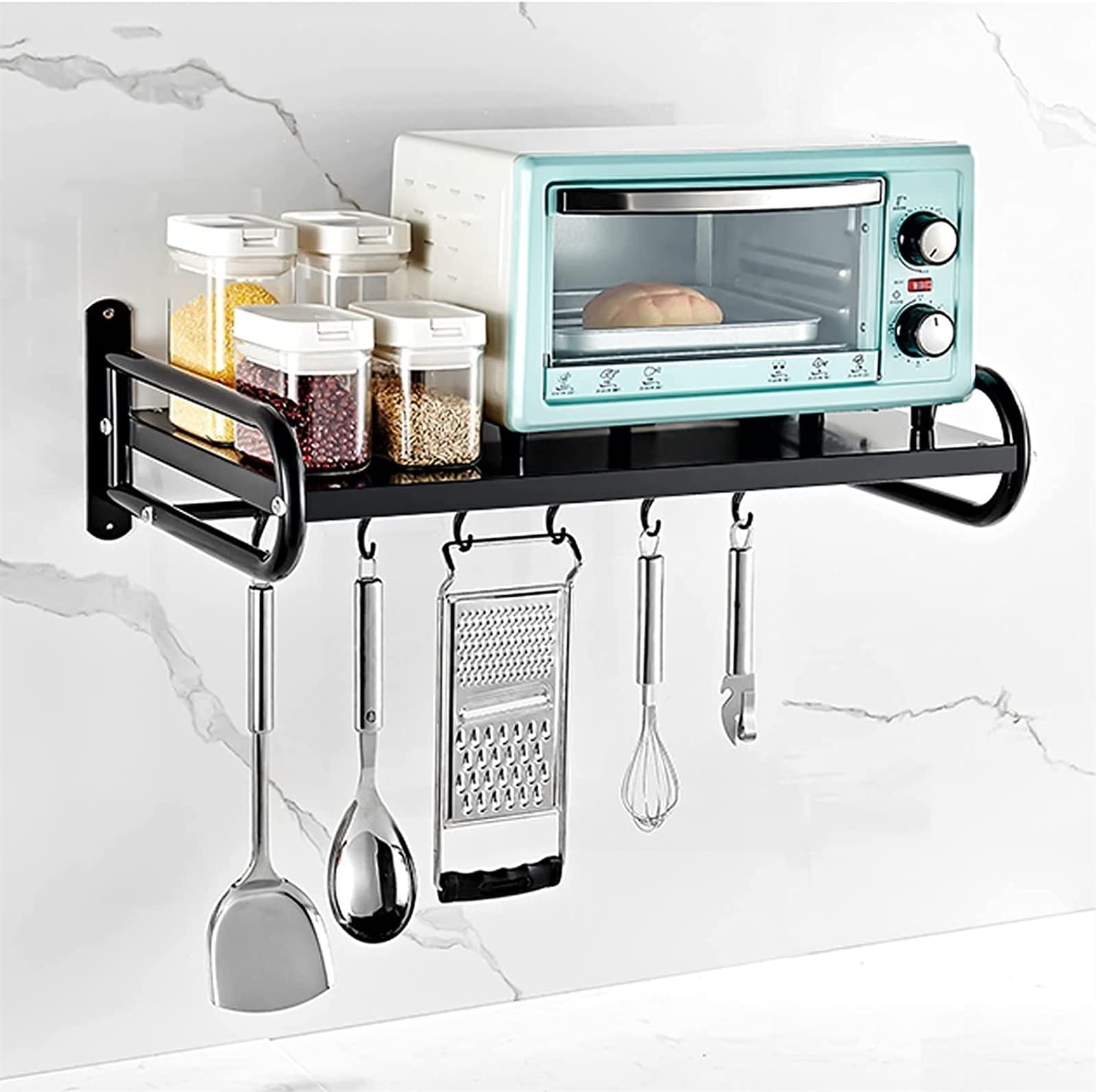 Sturdy Black Wall-Mounted Microwave Oven Rack with 6 Hooks - 58cm x 38cm x 18cm Iron Shelf for Kitchen Storage | Perfect for Organizing Spices, Utensils & Cookware in Small Spaces