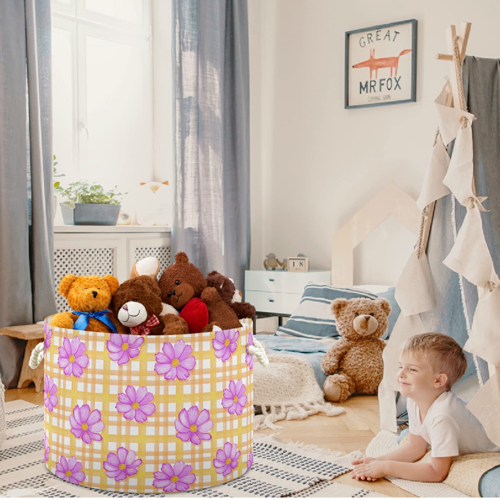 Visesunny Collapsible Fabric Storage Basket - Orange Gingham Check Design for Laundry, Toys & Clothes | Perfect for Bathroom, Bedroom, Nursery, Closet & Office Organization | Space-Saving Home Storage Solution