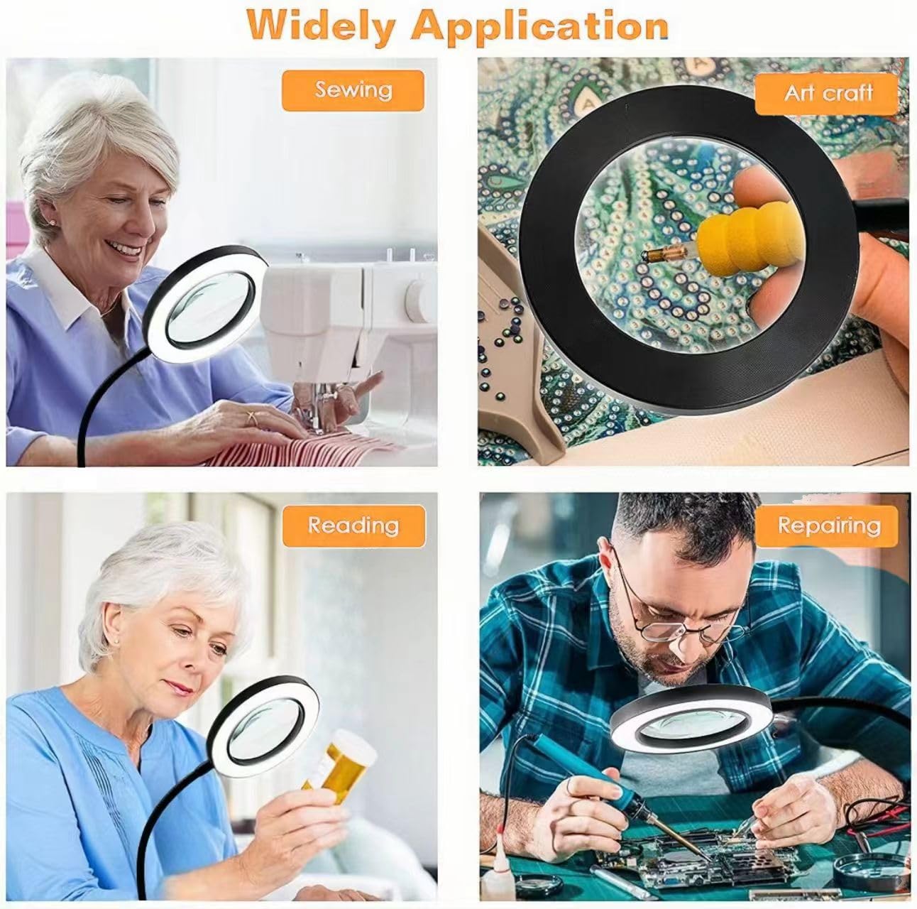 LED Magnifying Glass with Light - 12W Adjustable Gooseneck Desk Lamp, 3 Color Modes & Dimmable for Crafts, Reading, Jewelry Making - Perfect for Hobbyists, Professionals & Elderly Use
